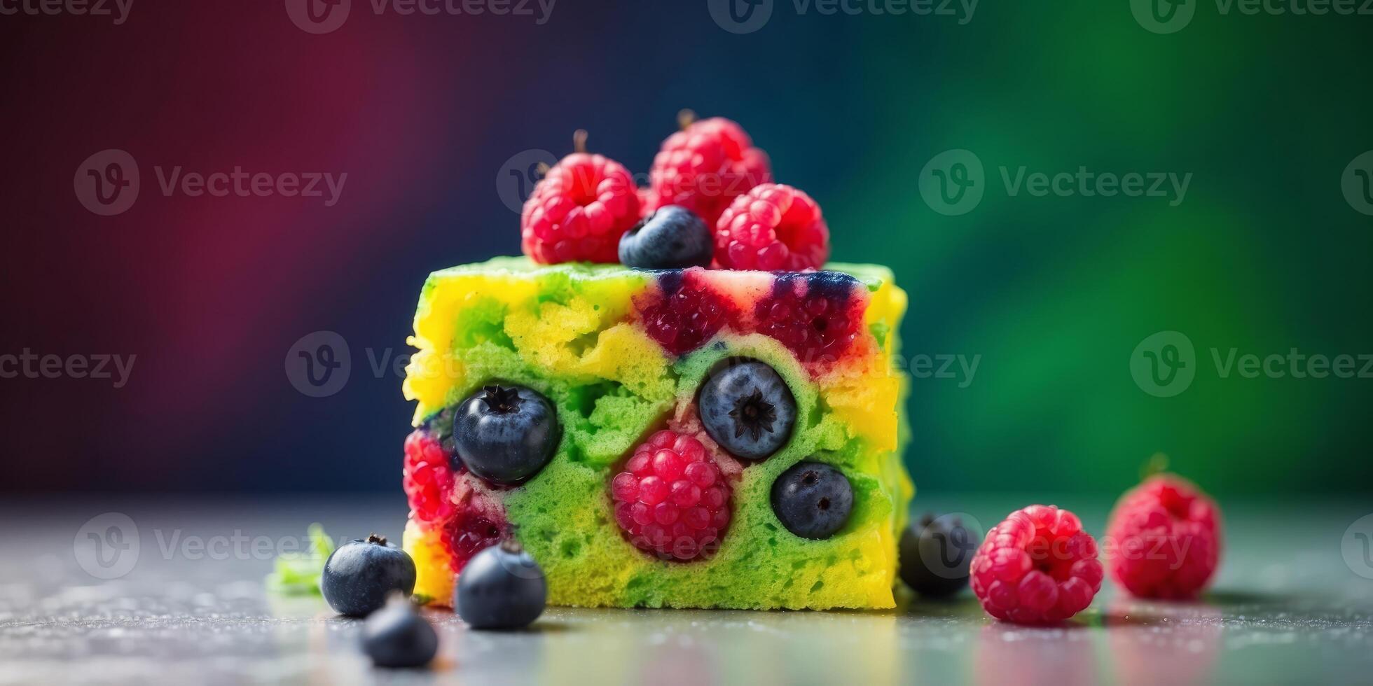 Abstract raspberry and blueberry cake made of green and yellow dishwashing sponge Minimal conceptual food idea. photo