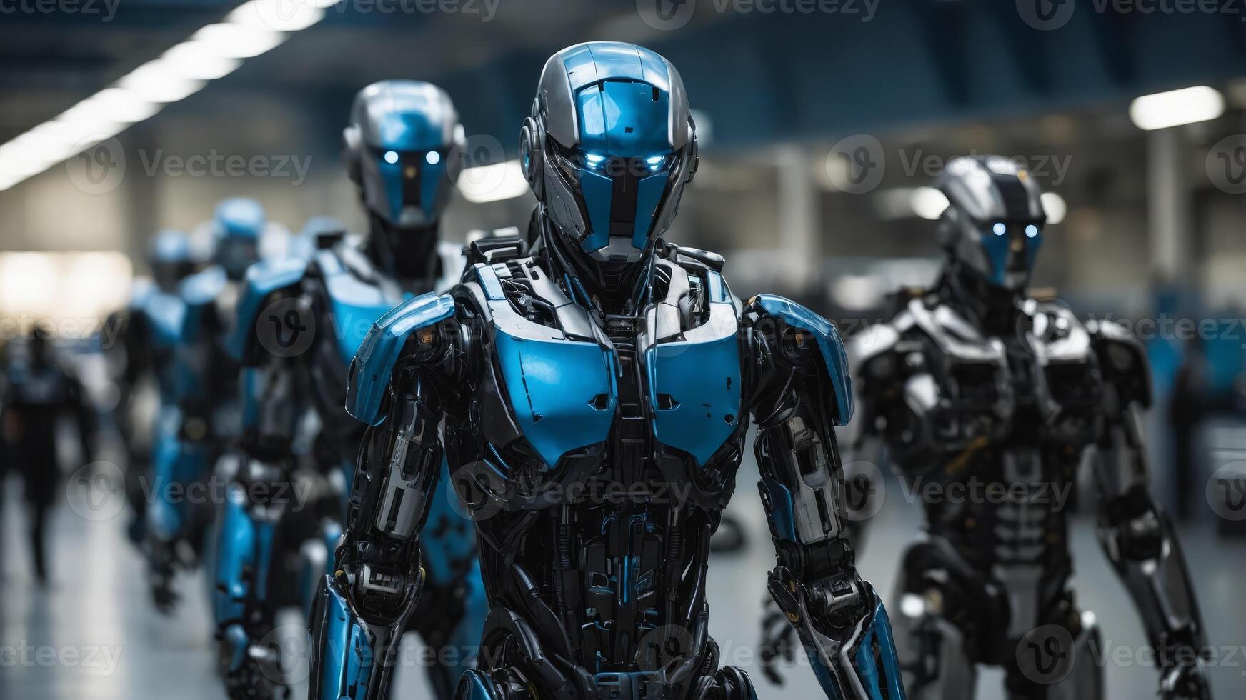 Army of blue, gray and black robots standing in a row in a hangar interior Dangerous futuristic technology innovation, metal cyborg military project. photo