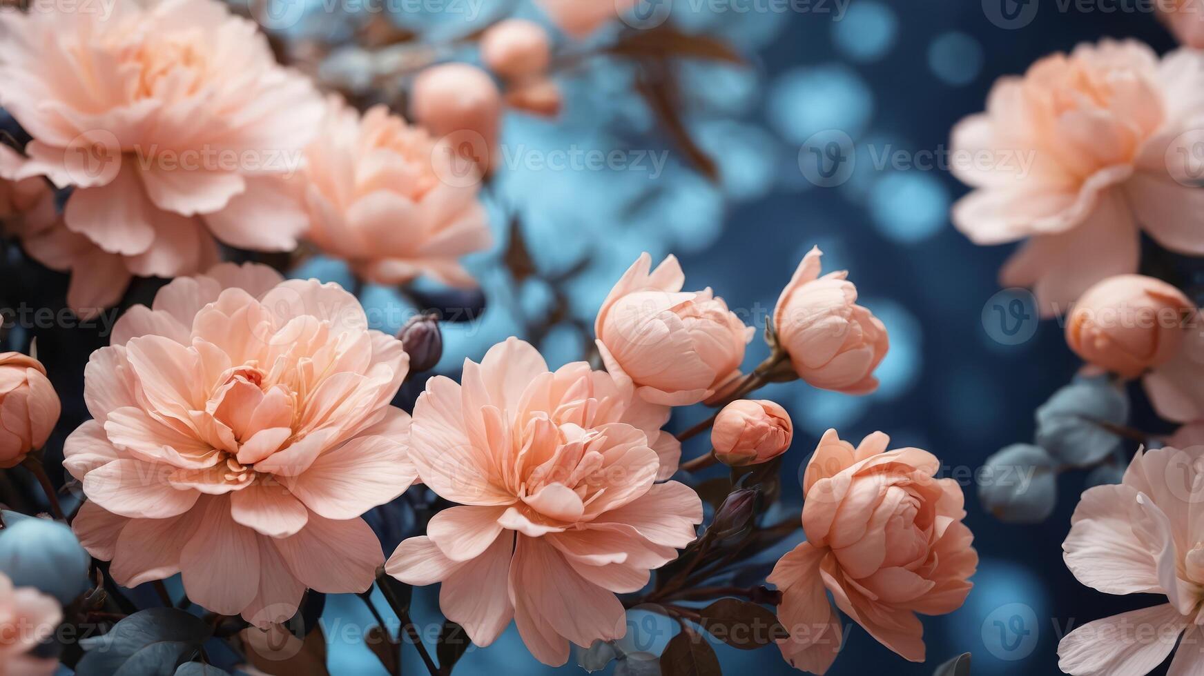 Aesthetic floral background in soft pastel pink, peach, light blue and dark navy The concept of spring, nature, beauty. photo