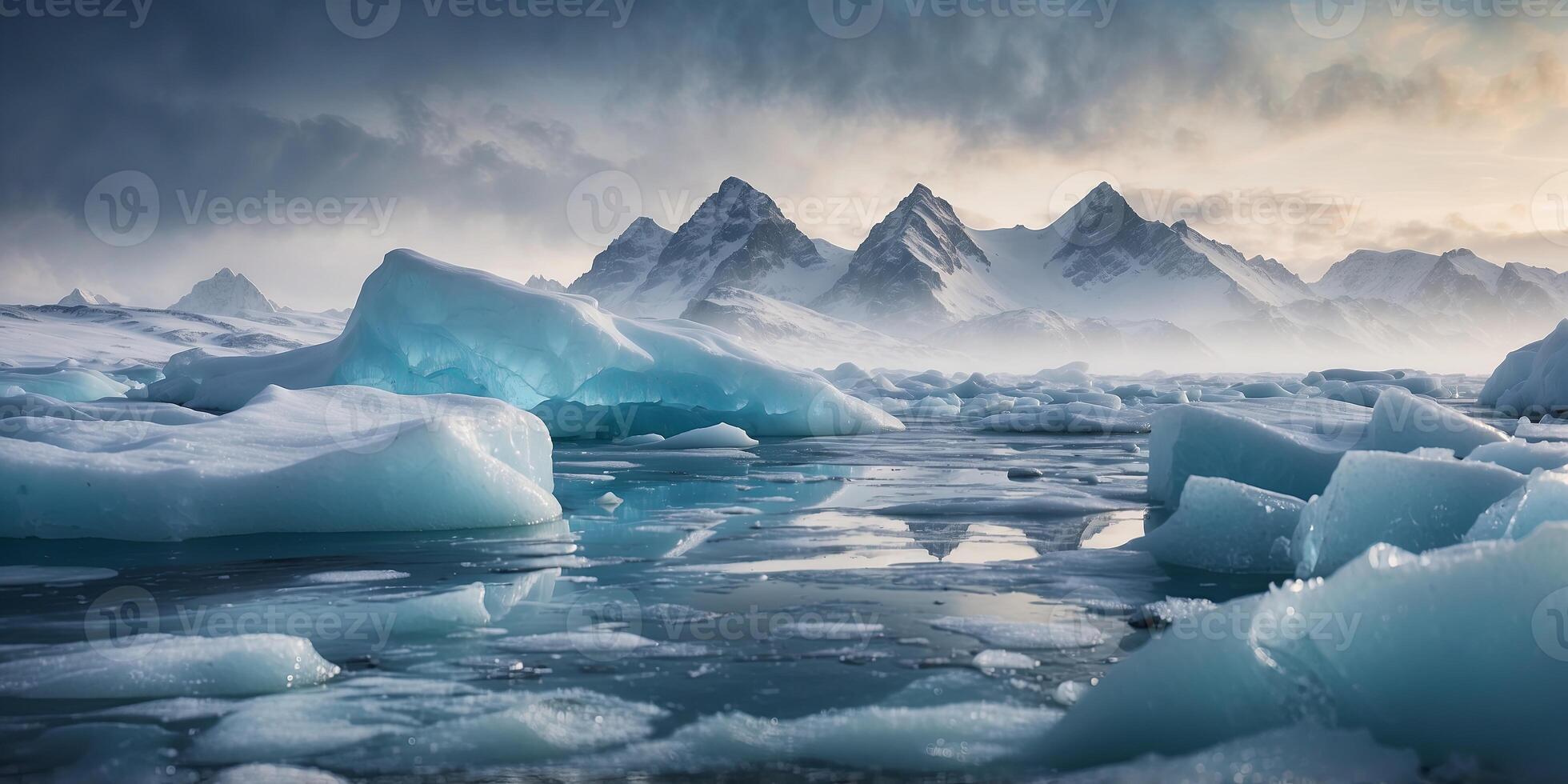 wintry arctic landscape panorama featuring expansive ice glaciers, frozen seas, and swirling blizzards. photo