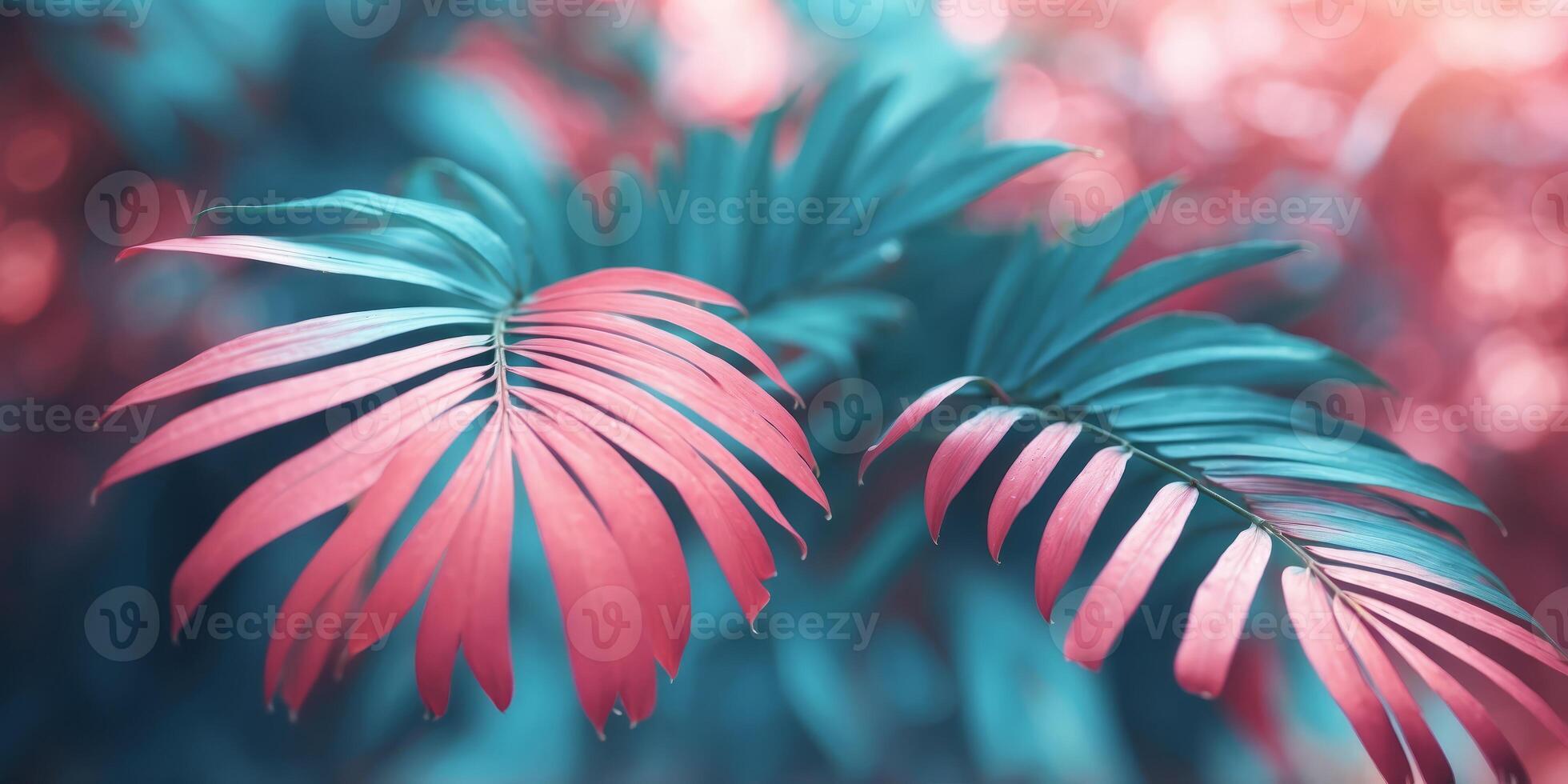 Abstract palm leaves with pink and blue shade transition background Modern and vibrant tropical design Pastel summer idea. photo