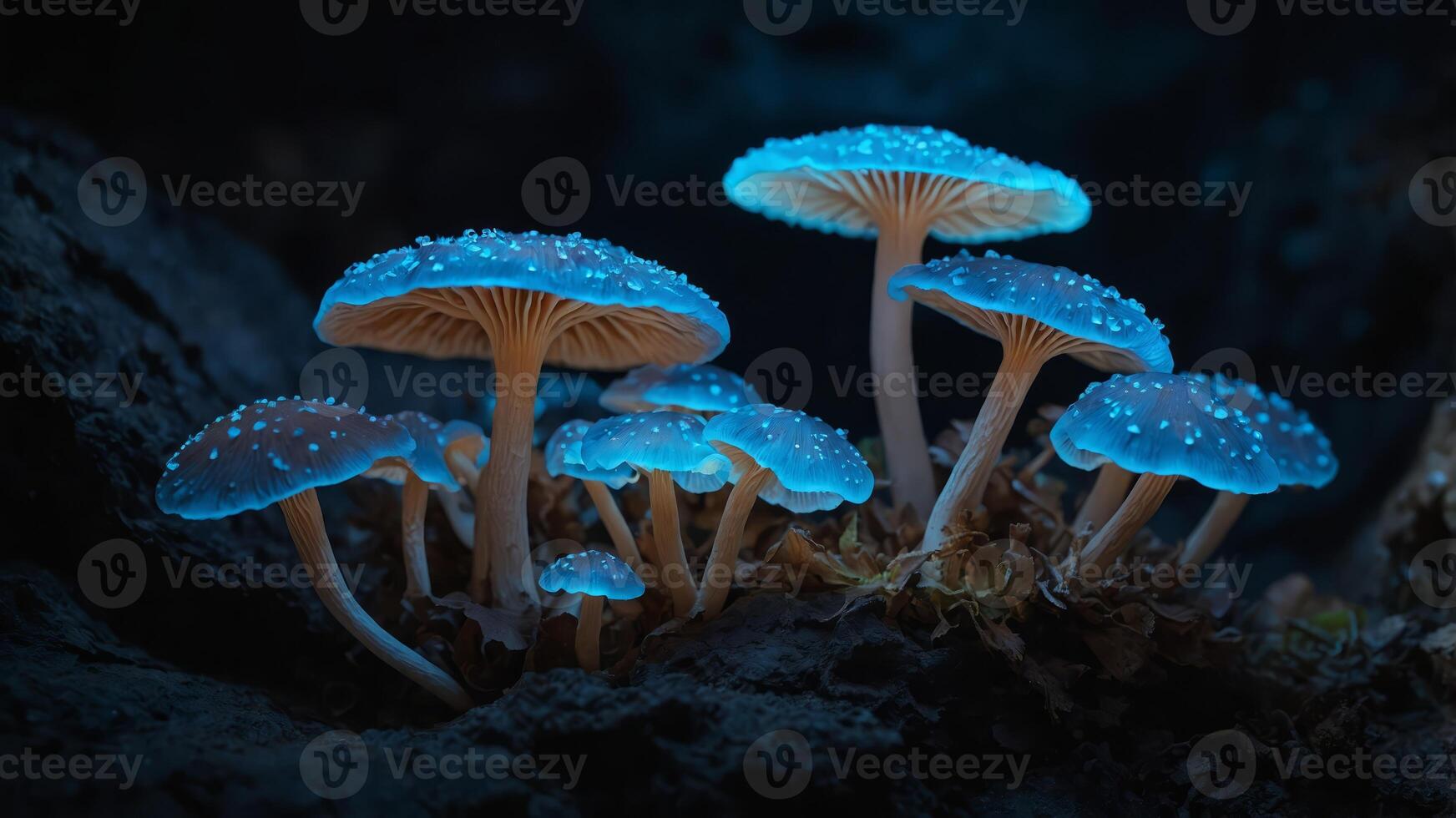 Bioluminescent mushrooms growing in a dark cave. photo