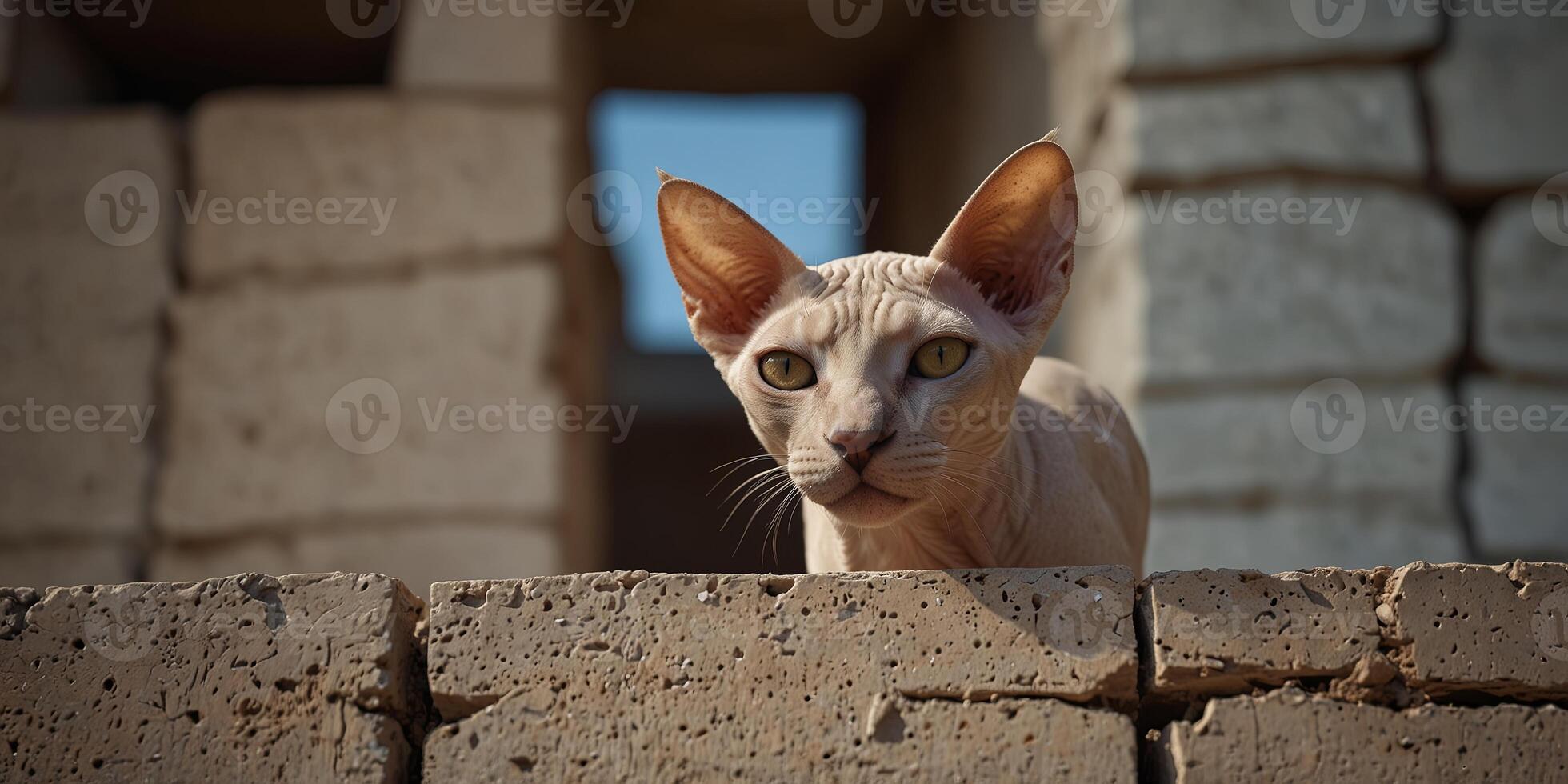 Sphynx cat peeking through a broken wall, clear sky background Curious and unique pet concept. photo