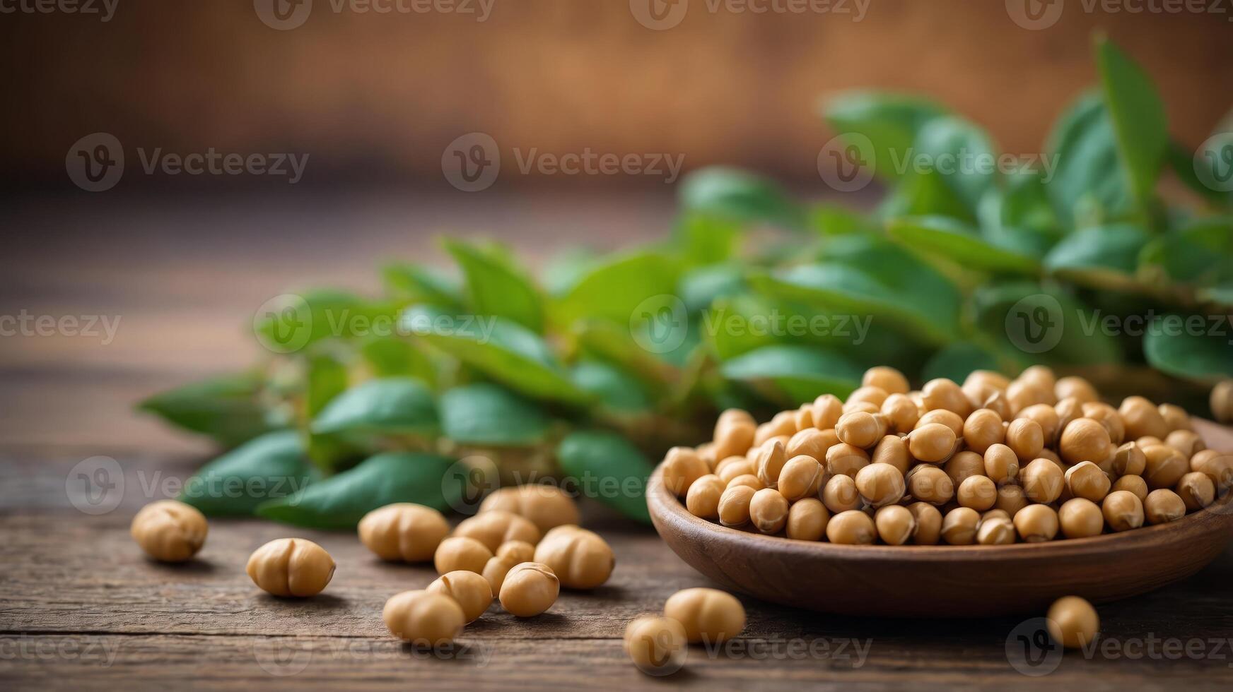 Beautiful Soybeans on Wood Background with Copy Space. photo