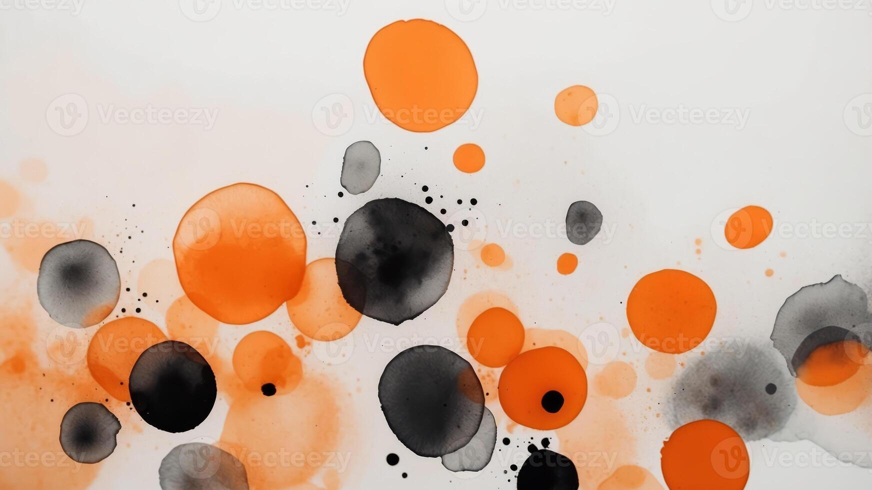 Abstract watercolor composition with vibrant orange and black splashes on pale background. photo