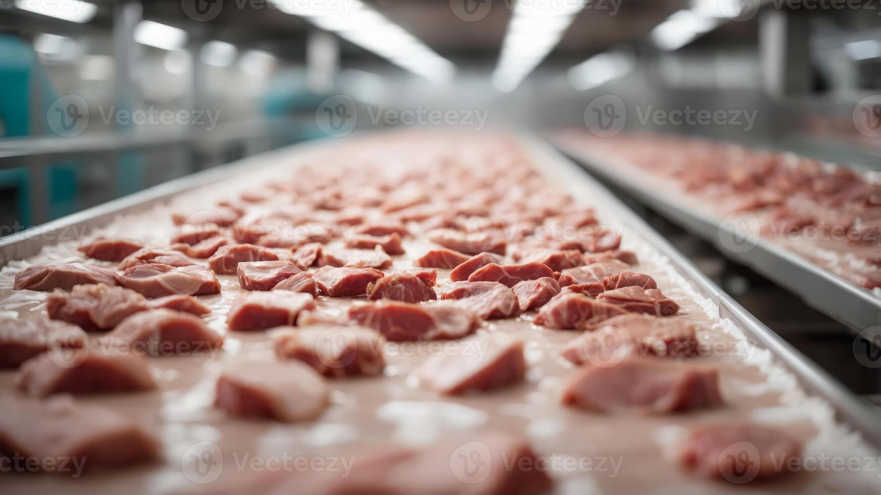 Conveyor Belt FoodFactory for the production of food from meatProduction line with packaging Food products meat chicken in plastic packaging on the conveyor. photo