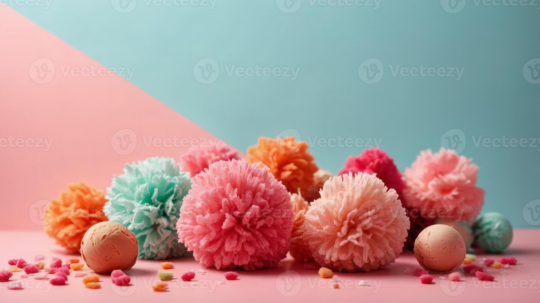 Colorful pom-poms in ice cream cone on pink background minimal concept flat lay. photo