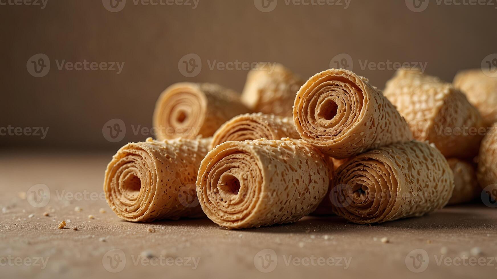Stack of rolled vanilla wafer cones on beige background, macro shot Dessert and snack concept. photo