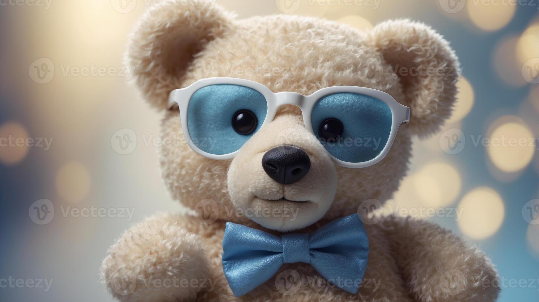 White Teddy Bear Wearing Round Blue Glasses. photo