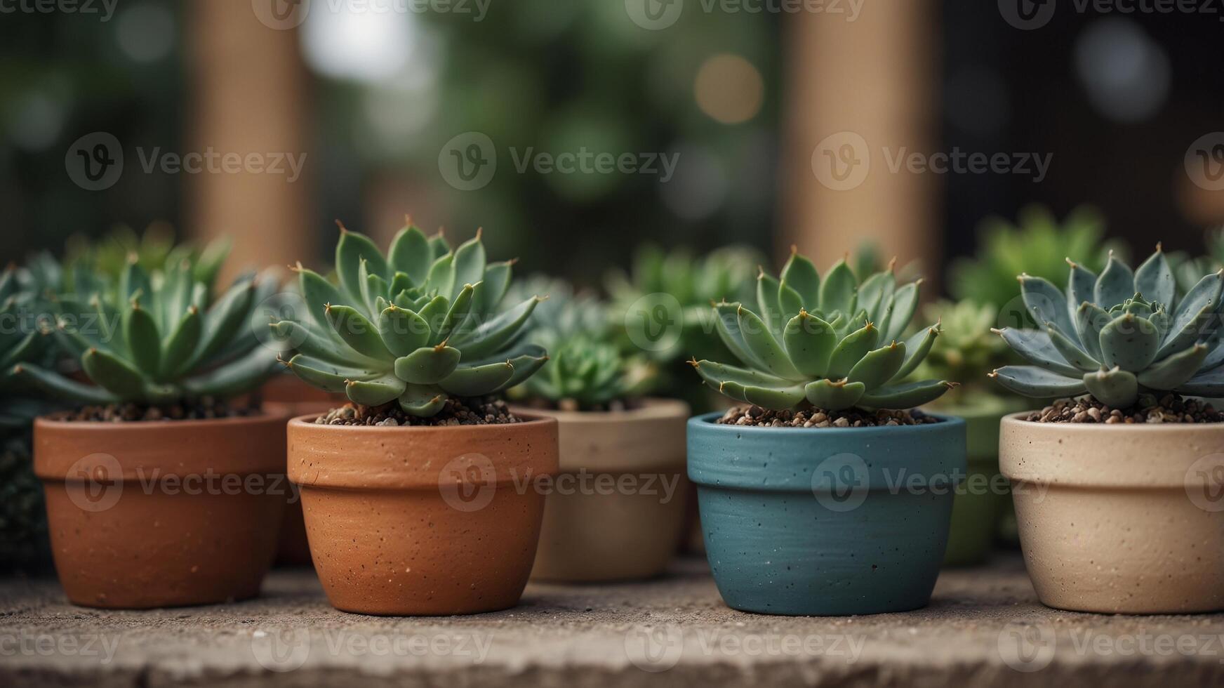 Assorted succulents and cacti in decorative pots. photo