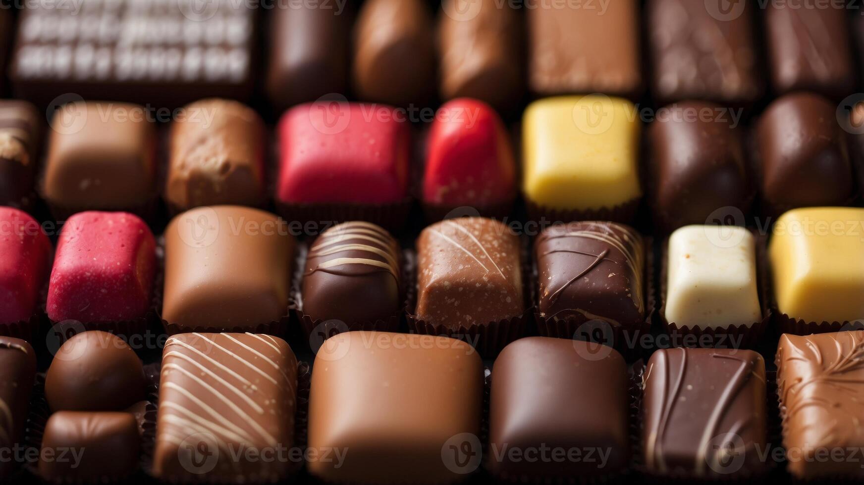 Assorted gourmet chocolates and candies in a vibrant display. photo