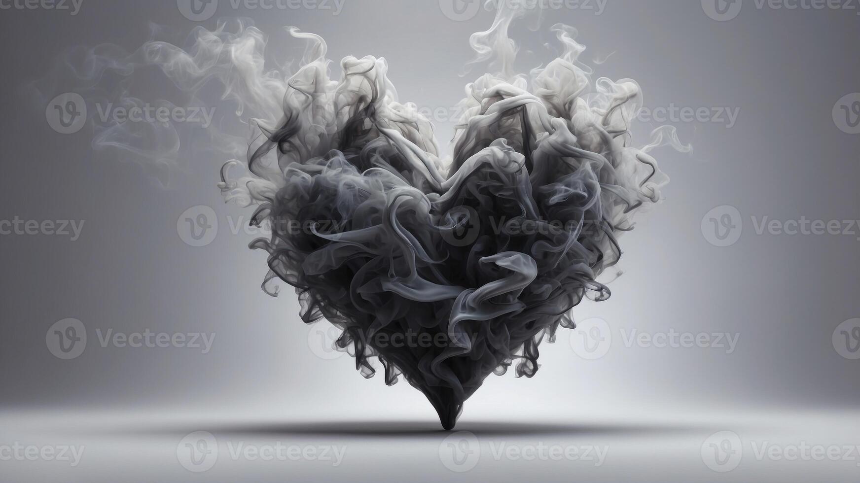 Dark smoke in heart shape on light gray background. photo