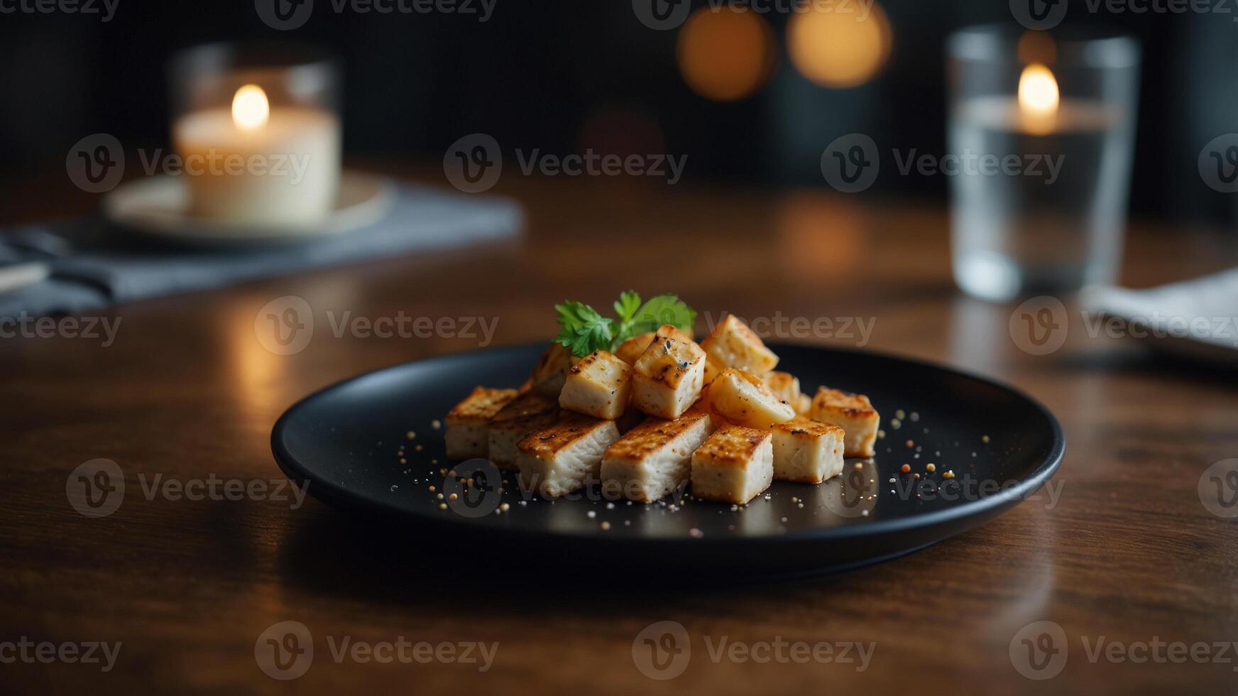 Appetizing meal served on a stylish black plate. photo