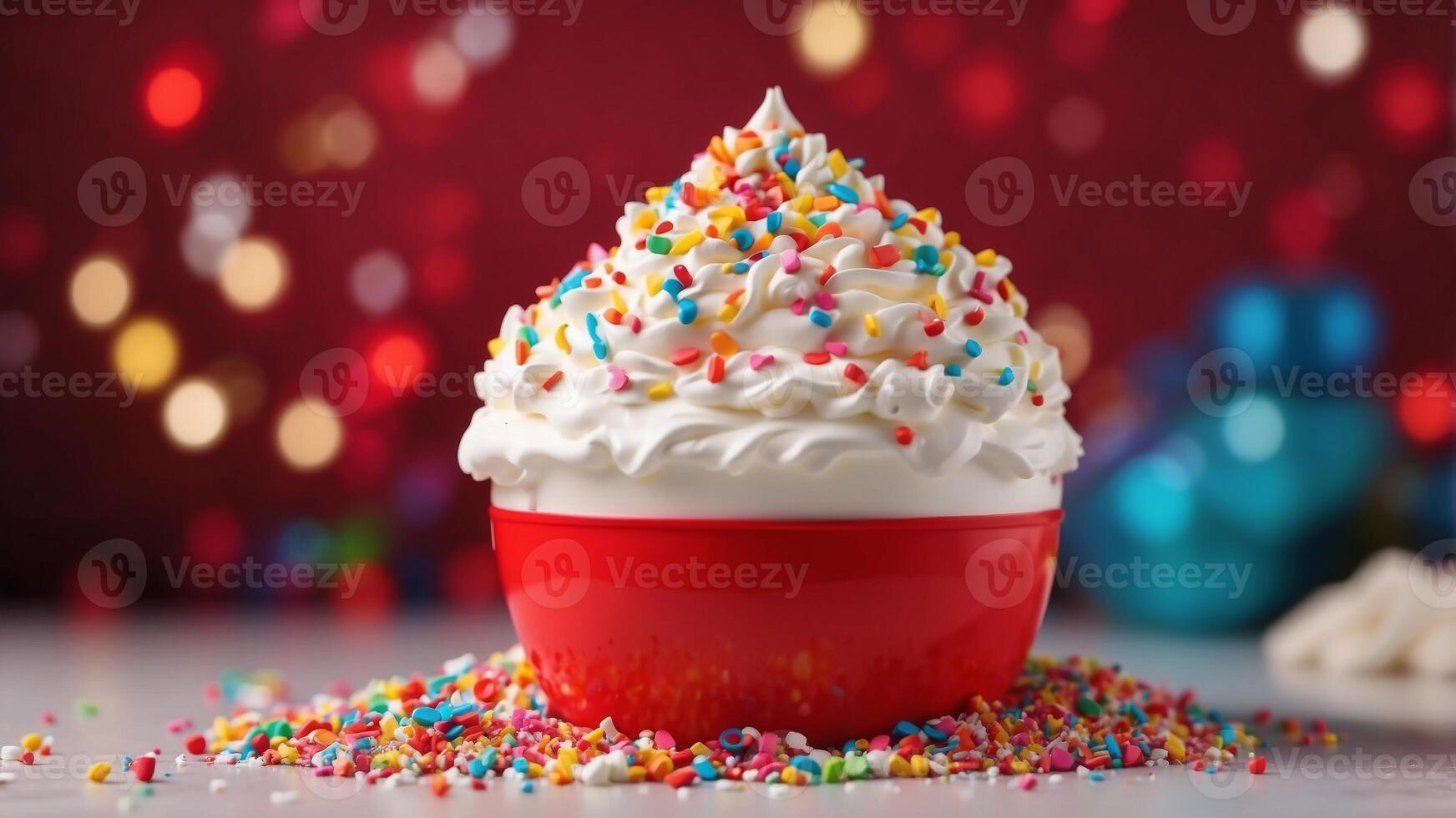 Whipped cream topped with colorful sprinkles in red cup. photo