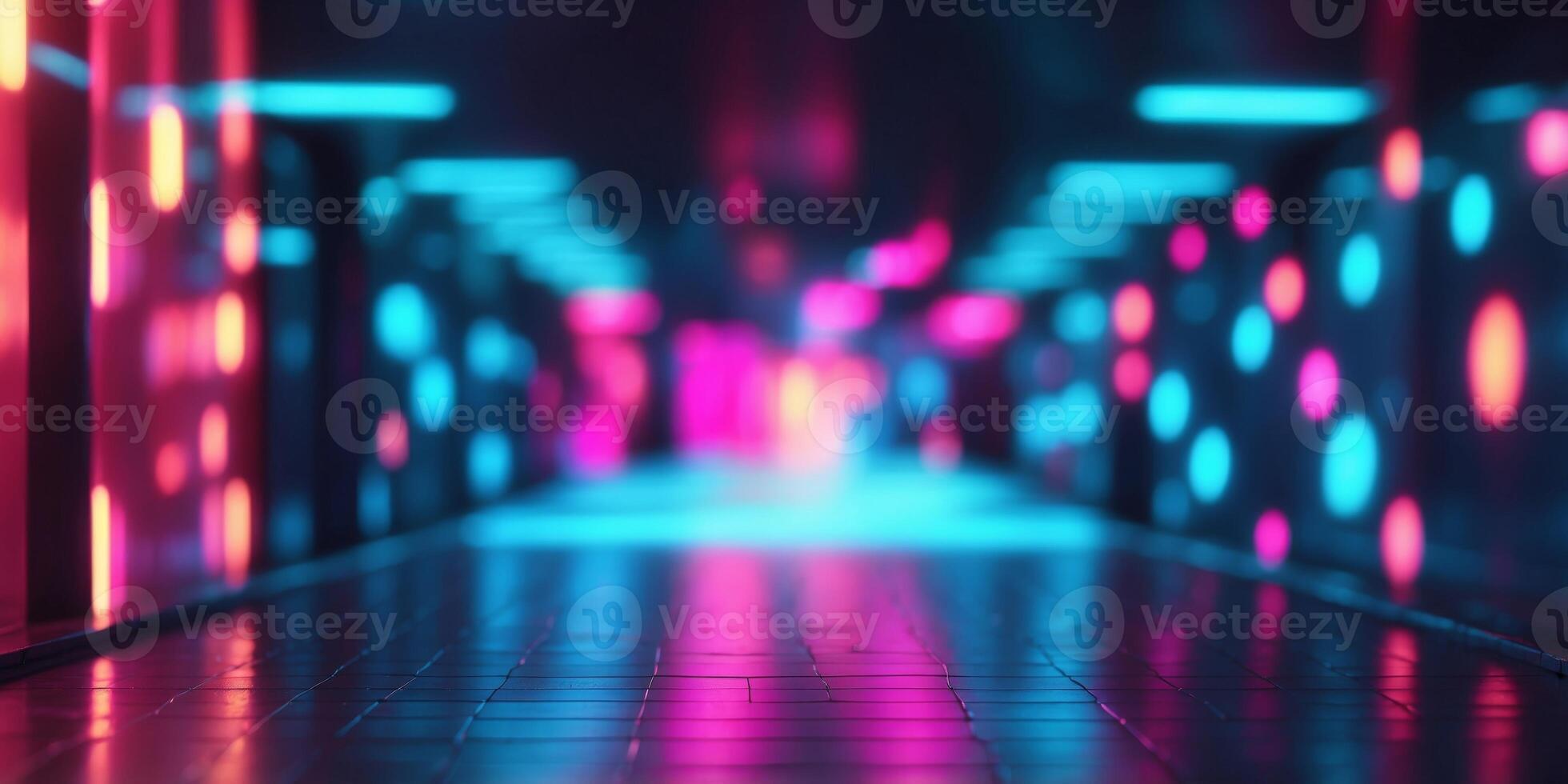 Abstract hallway neon light geometric background. photo