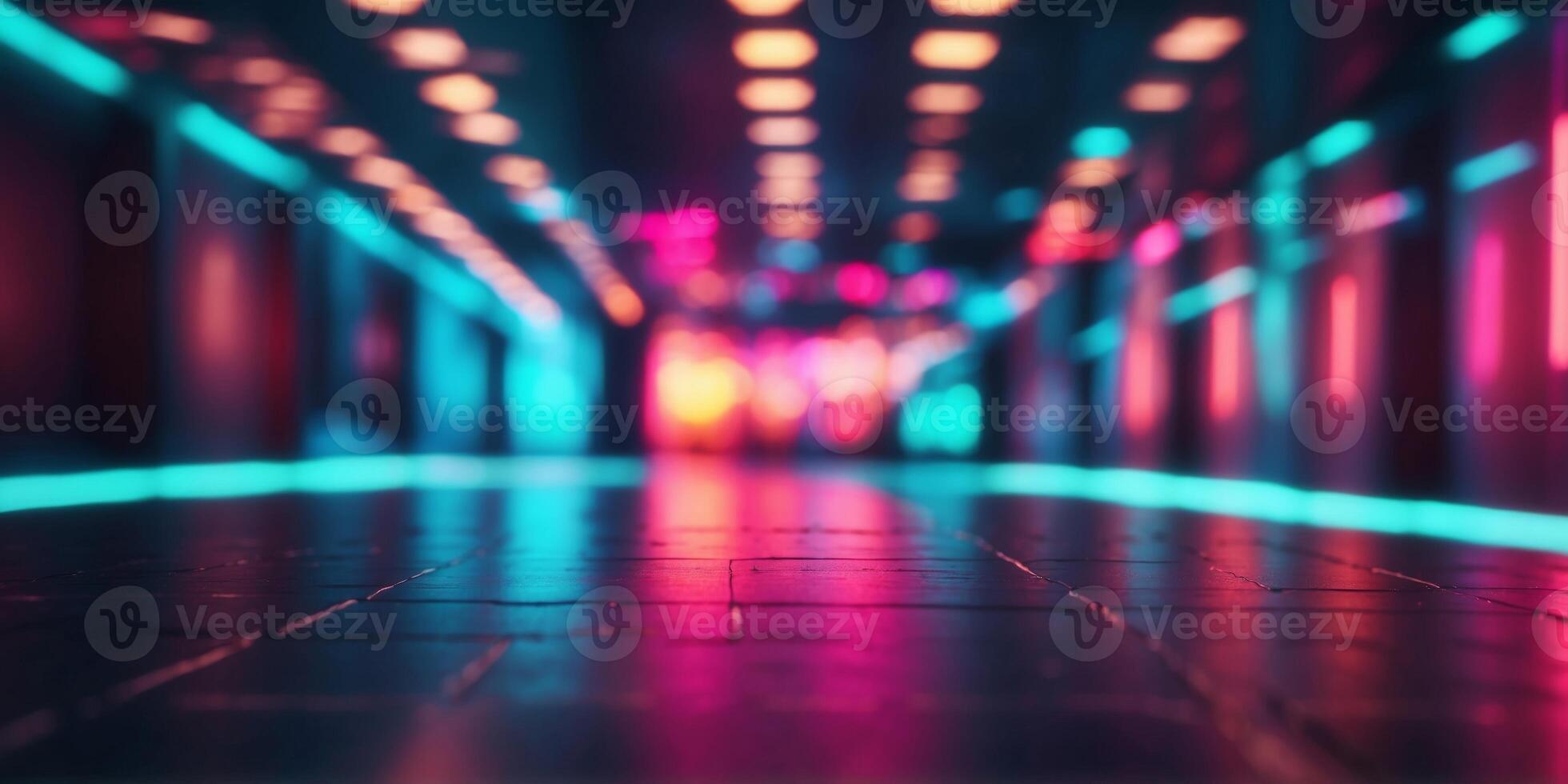 Abstract hallway neon light geometric background. photo