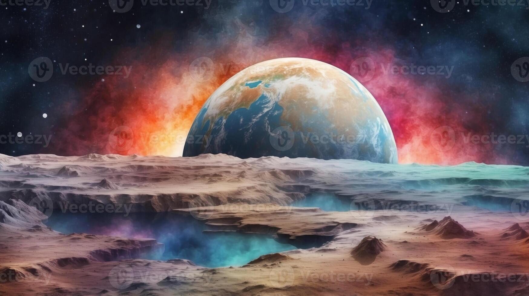 Watercolor clipart of a vibrant Earthrise as seen from the moon a humbling perspective. photo