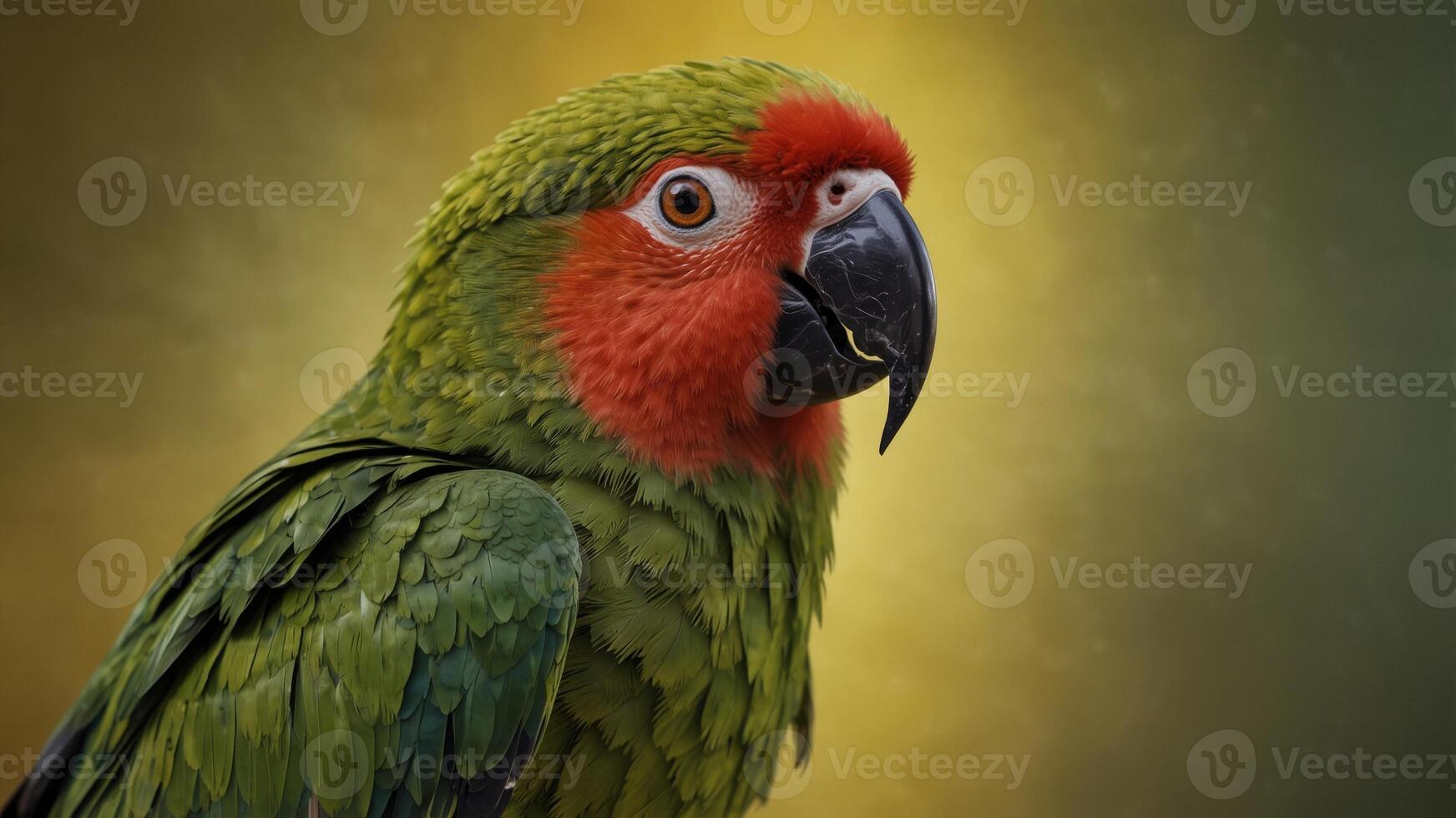 vibrant green parrot with a striking red beak in an alert pose on a bright yellow solid color background. photo