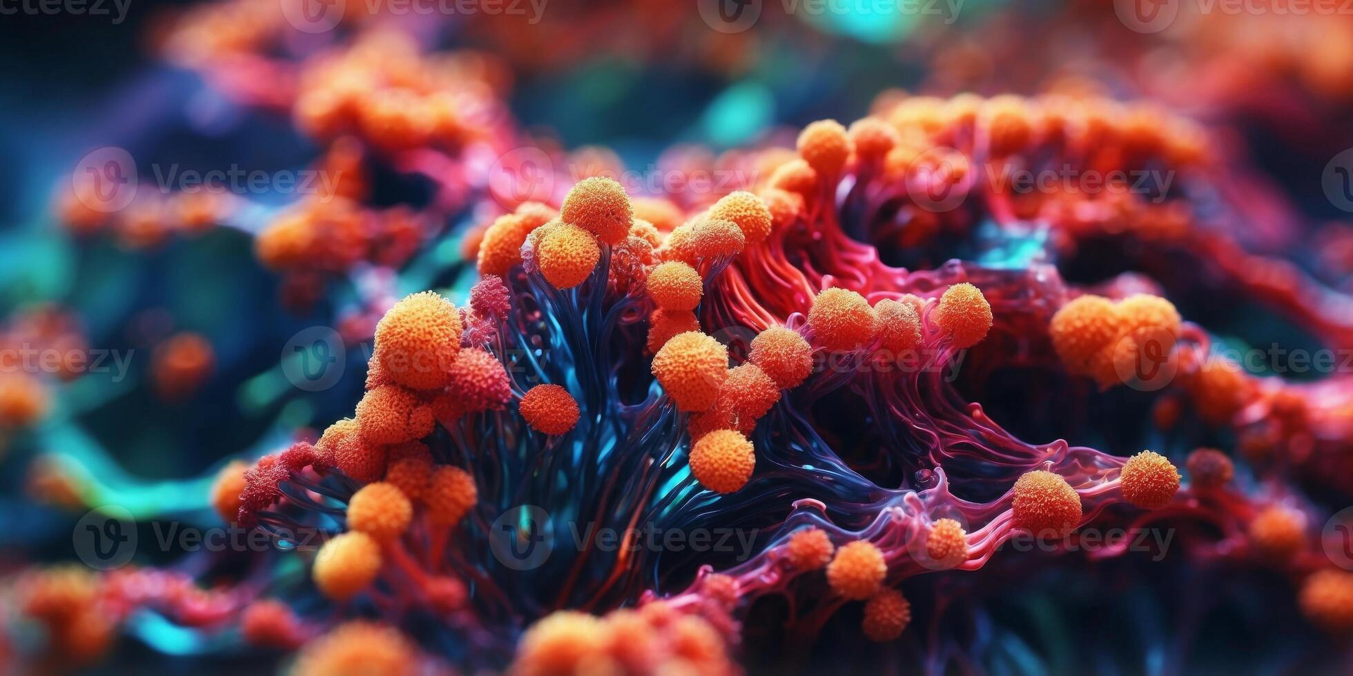 Abstract image of a colorful organic structure resembling a coral reef or a microscopic view of a biological organism. photo