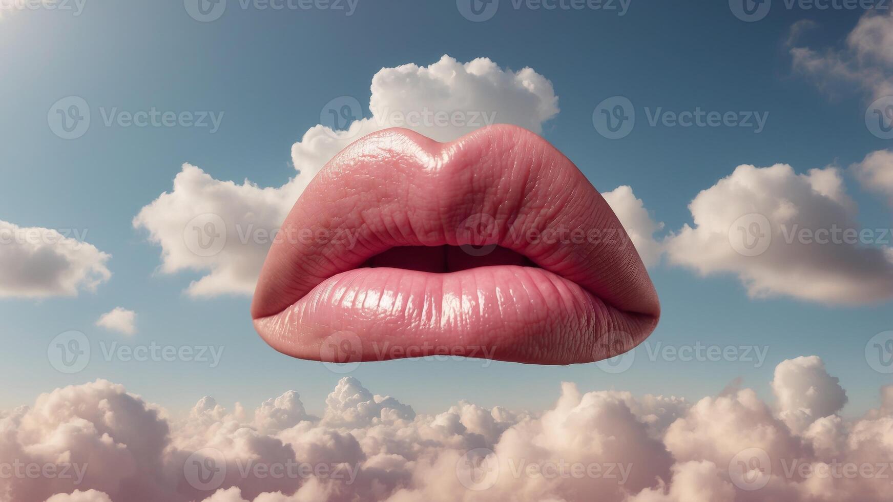 Pink lips in the sky and clouds Minimal creative concept Valentine's concept. photo