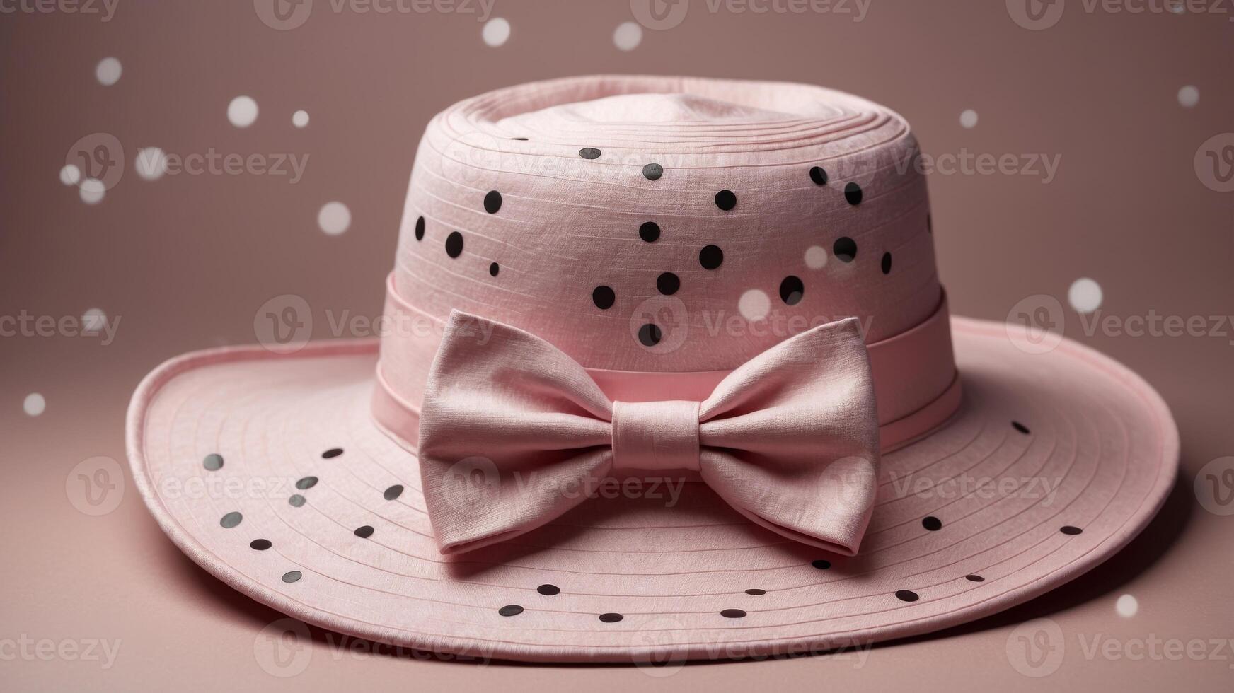 Its hat features a pink bow tie and polka dots. photo