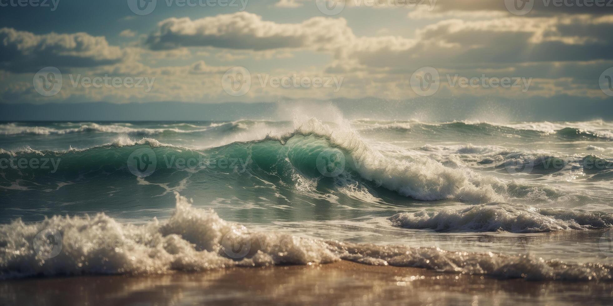 A large wave crashes into a beach's shore under a cloudy sky - two waves collide. photo