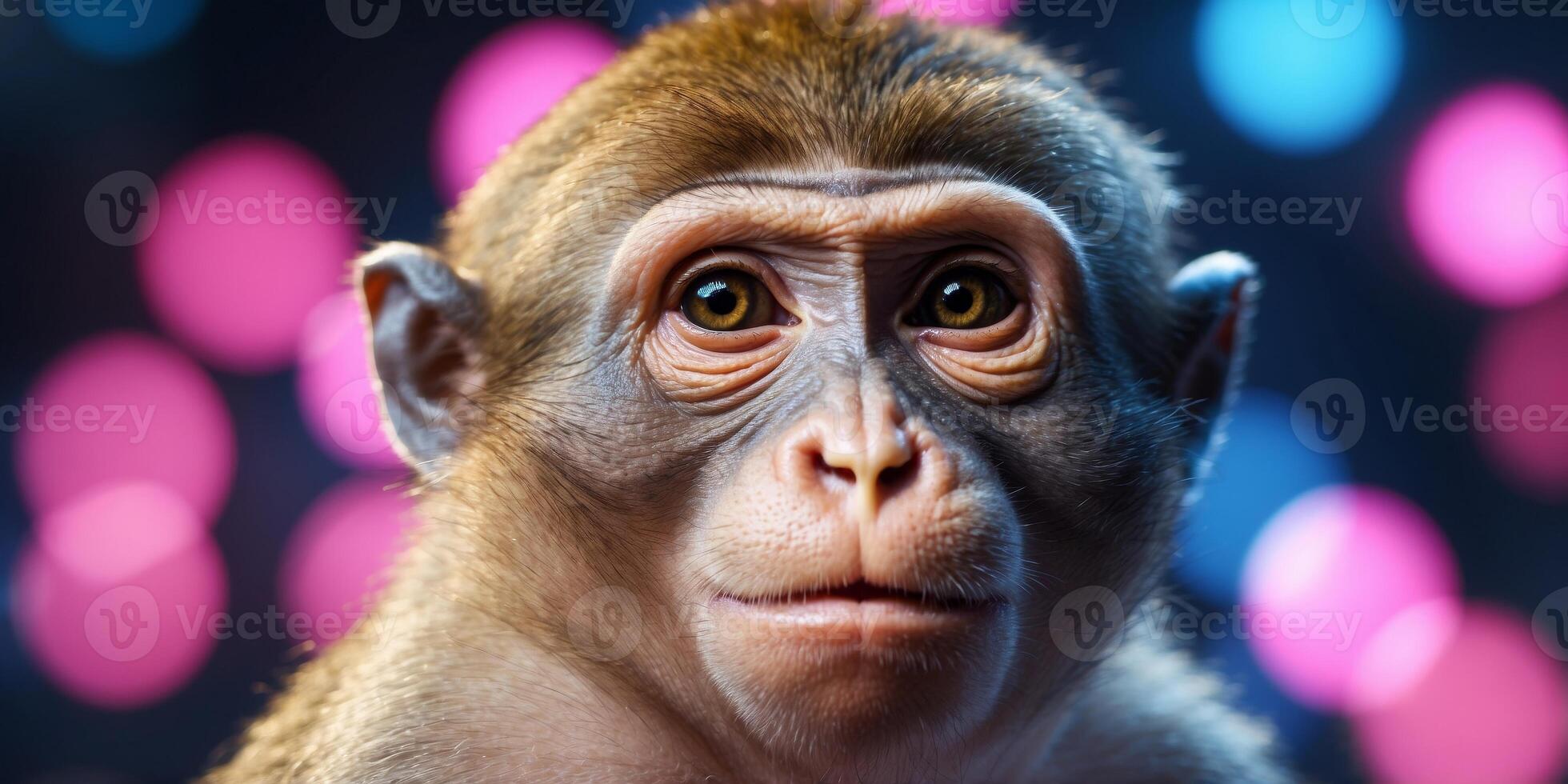 A tight shot of a monkey's face with pink and blue lights casting reflections. photo