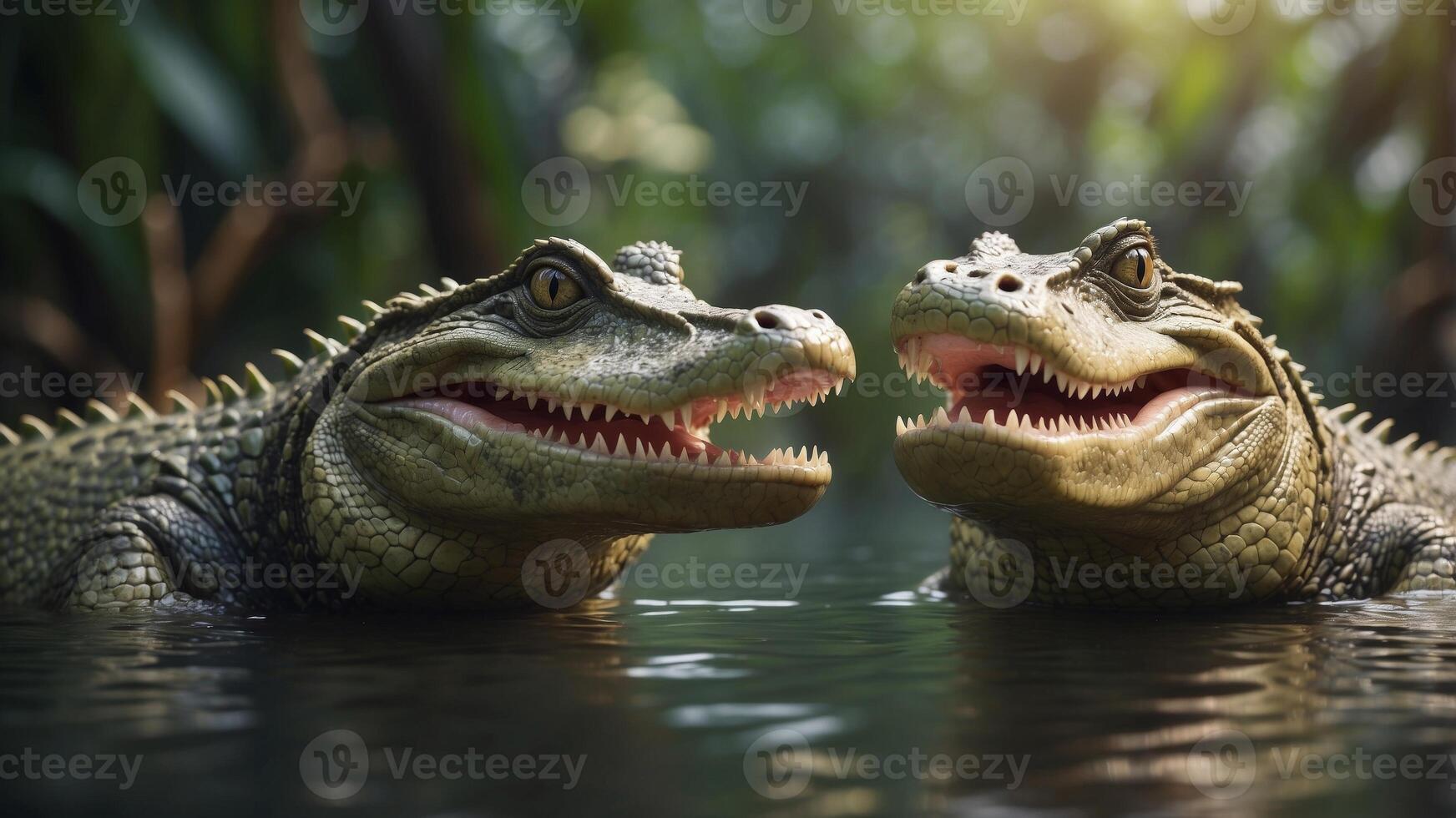 Two Smiling Crocodiles in a Tropical Jungle. photo