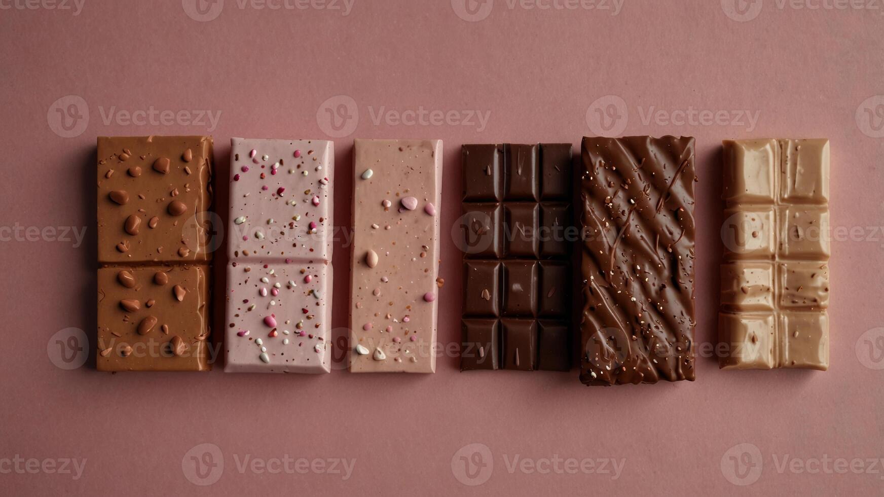 Chocolate bars with assorted fillings on a pink background. photo