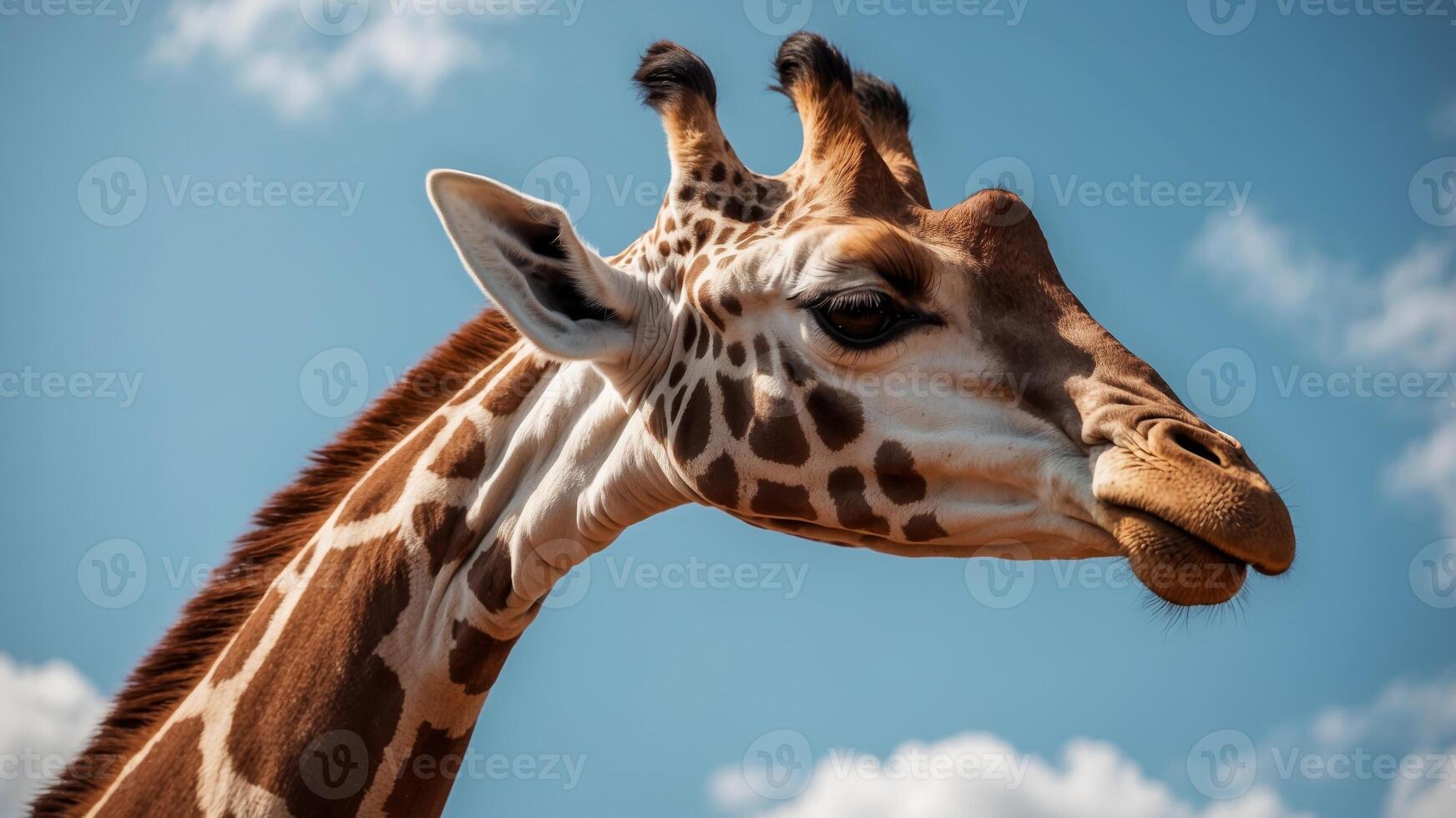 Giraffe in close up with blue sky background ideal as copy space image. photo