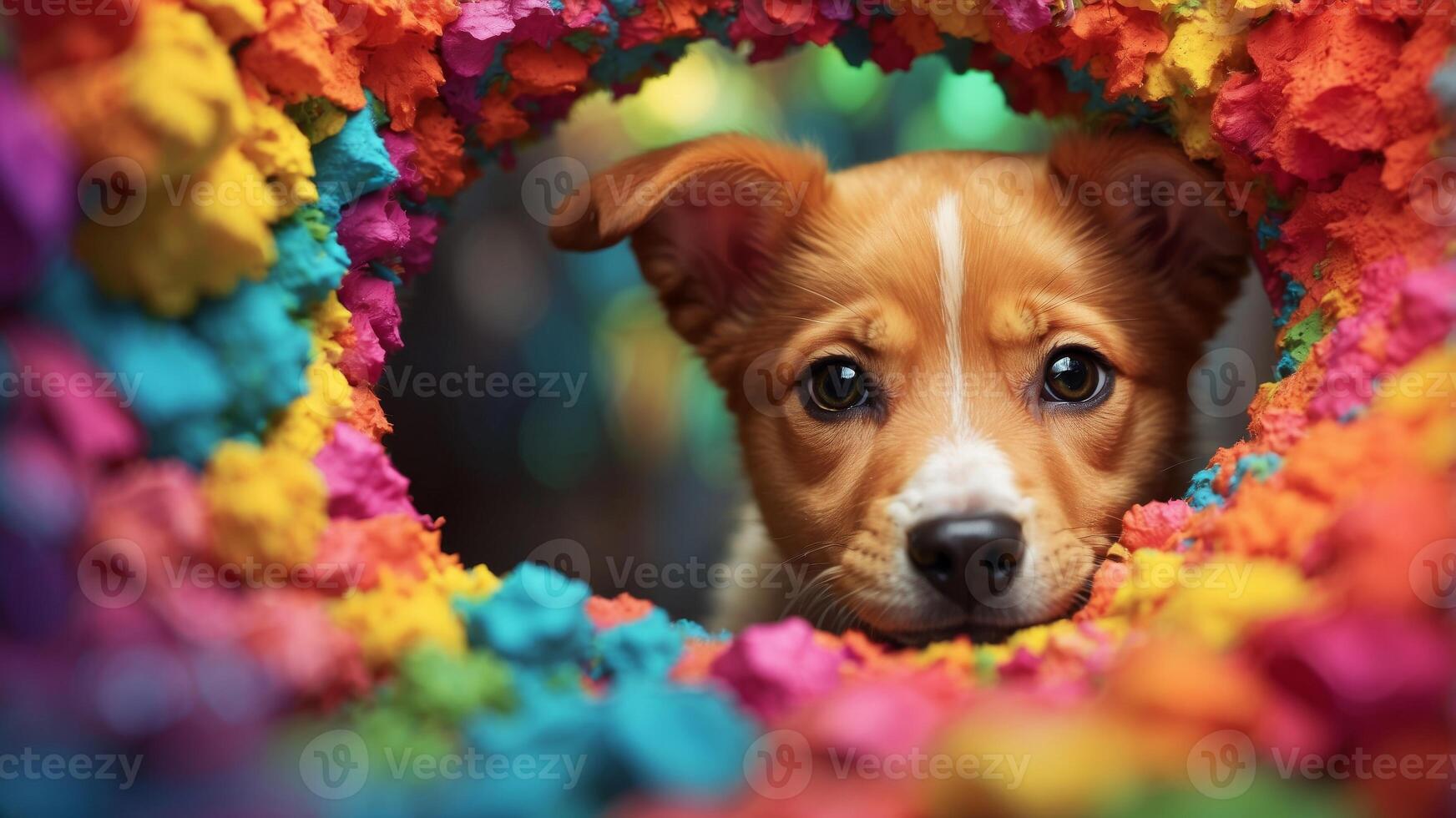 Curious Puppy Peeking Through a Colorful Hole. photo
