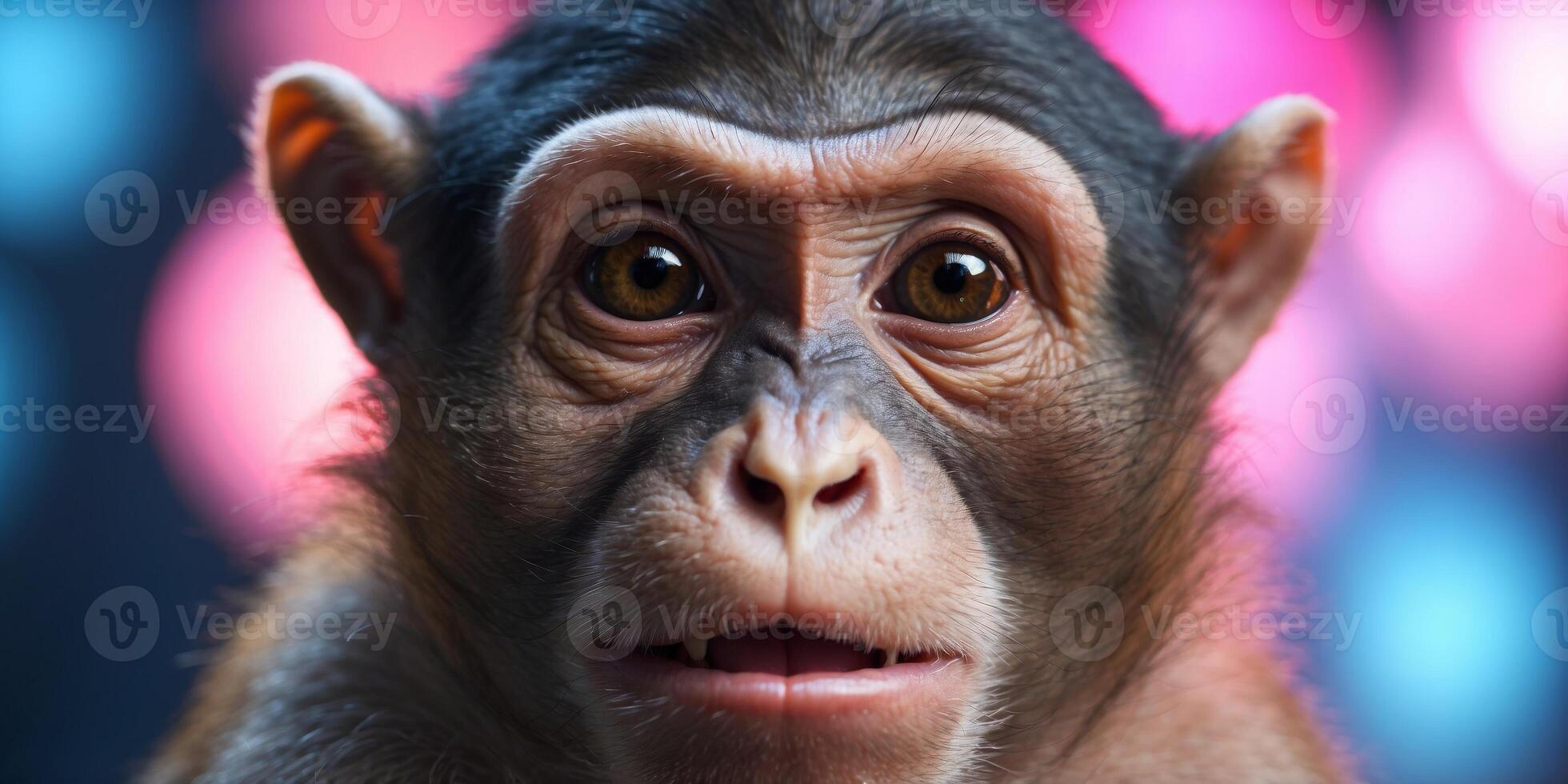 A tight shot of a monkey's face with pink and blue lights casting reflections. photo