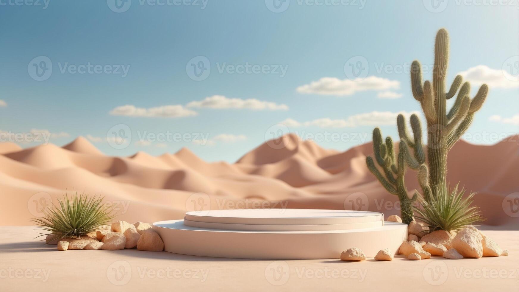Natural summer desert scene with a podium for product display. photo