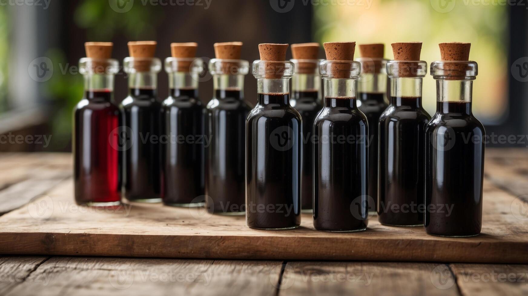 Bottles of Balsamic Vinegar on Rustic Table. photo