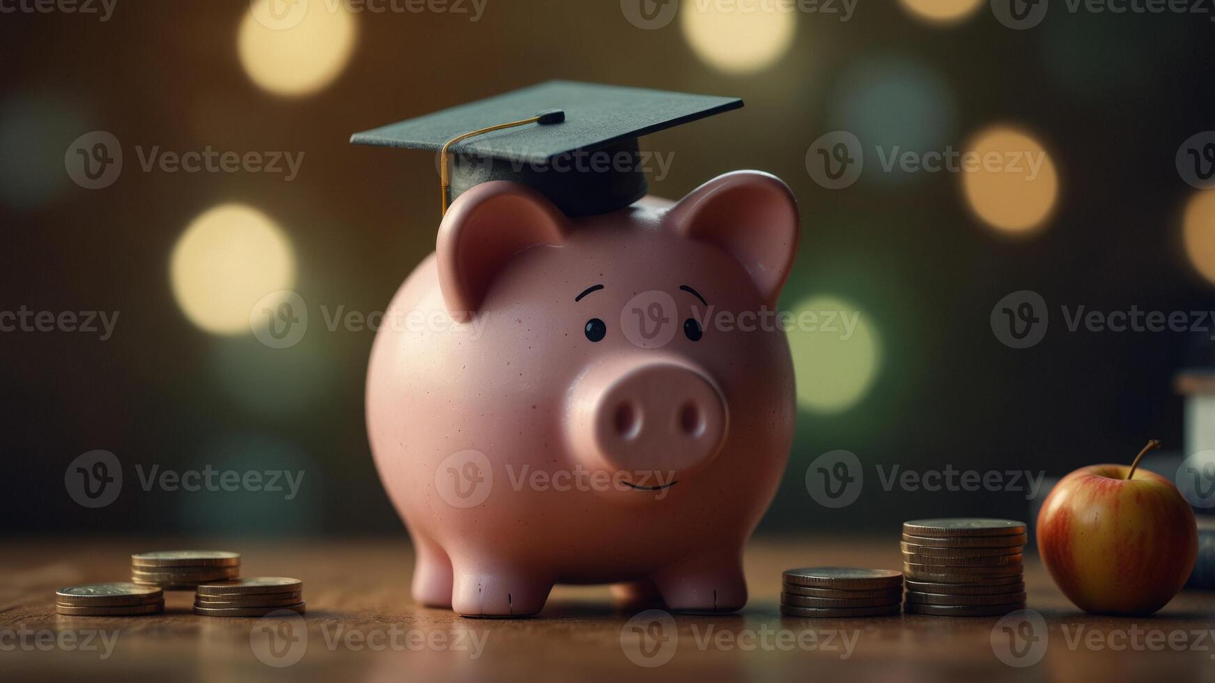 Piggy Bank Graduate with an Apple and Coins. photo