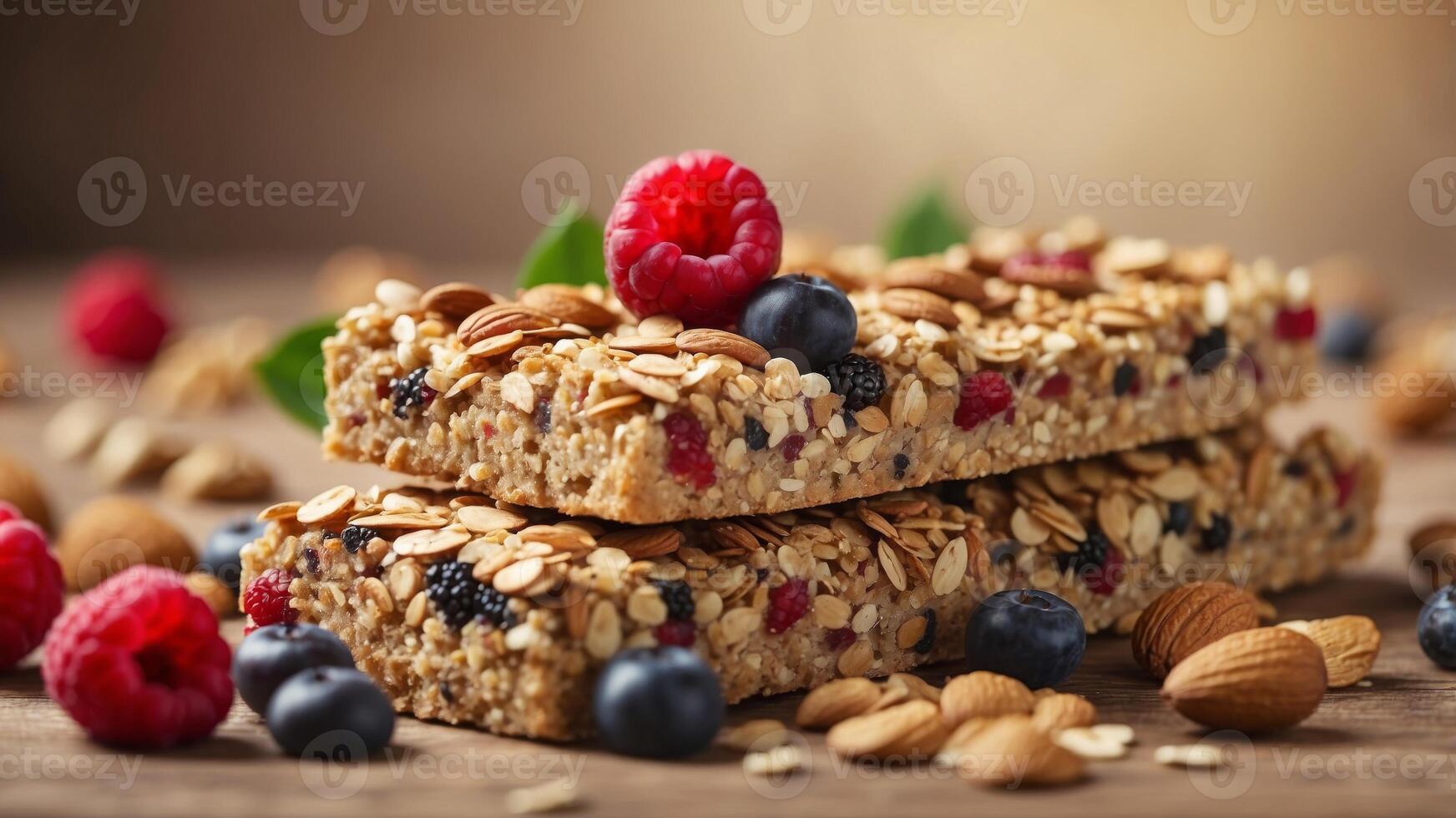 Muesli bars with nuts and berries in close-up The concept of a healthy snack A delicious and nutritious treat. photo