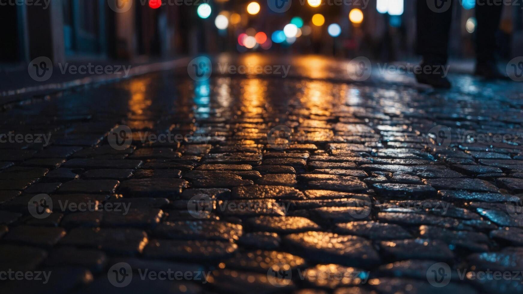 City lights reflecting on the cobblestone pavement. photo