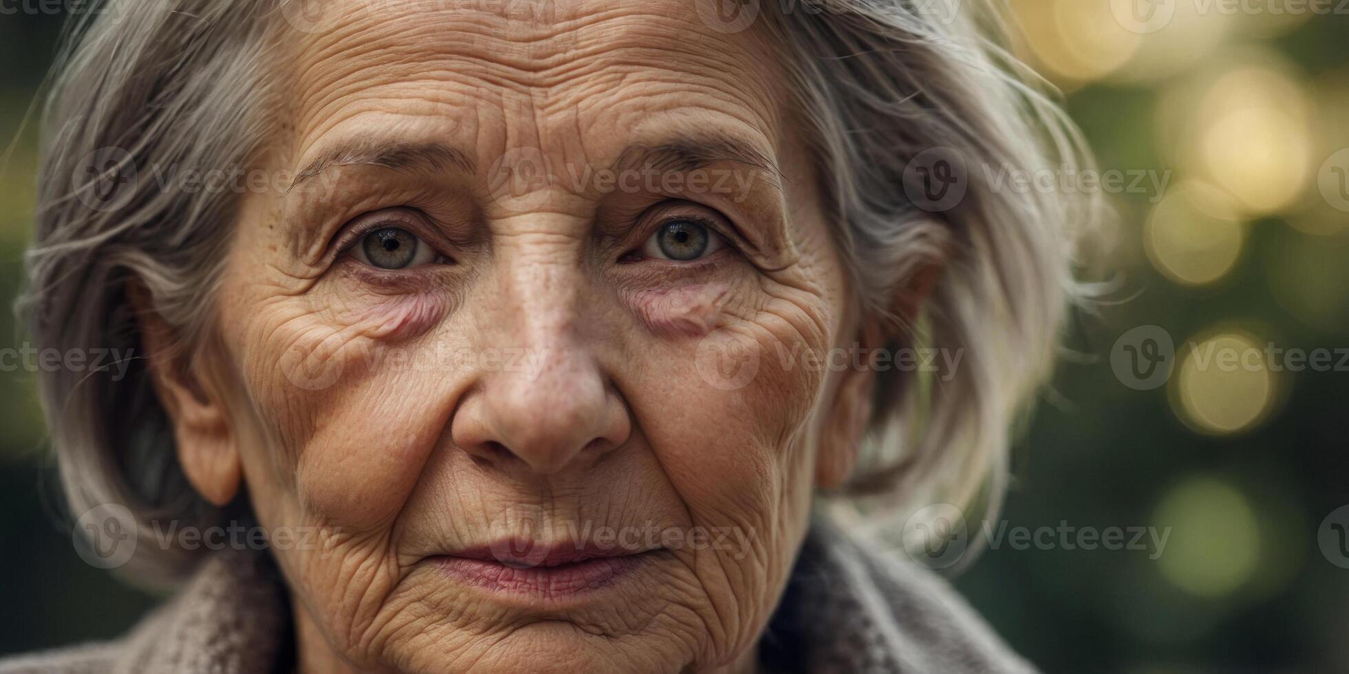 Closeup Image of Aging Woman's Face with Wrinkles, Representing Natural Beauty and Aging with Dignity. photo