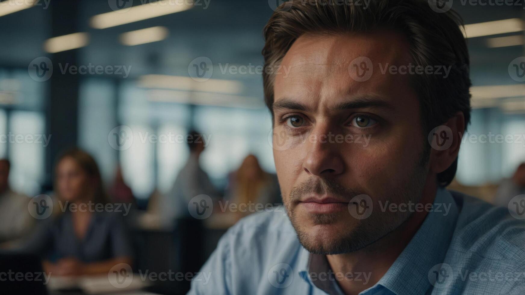 Positive employee eye contact sitting office. photo
