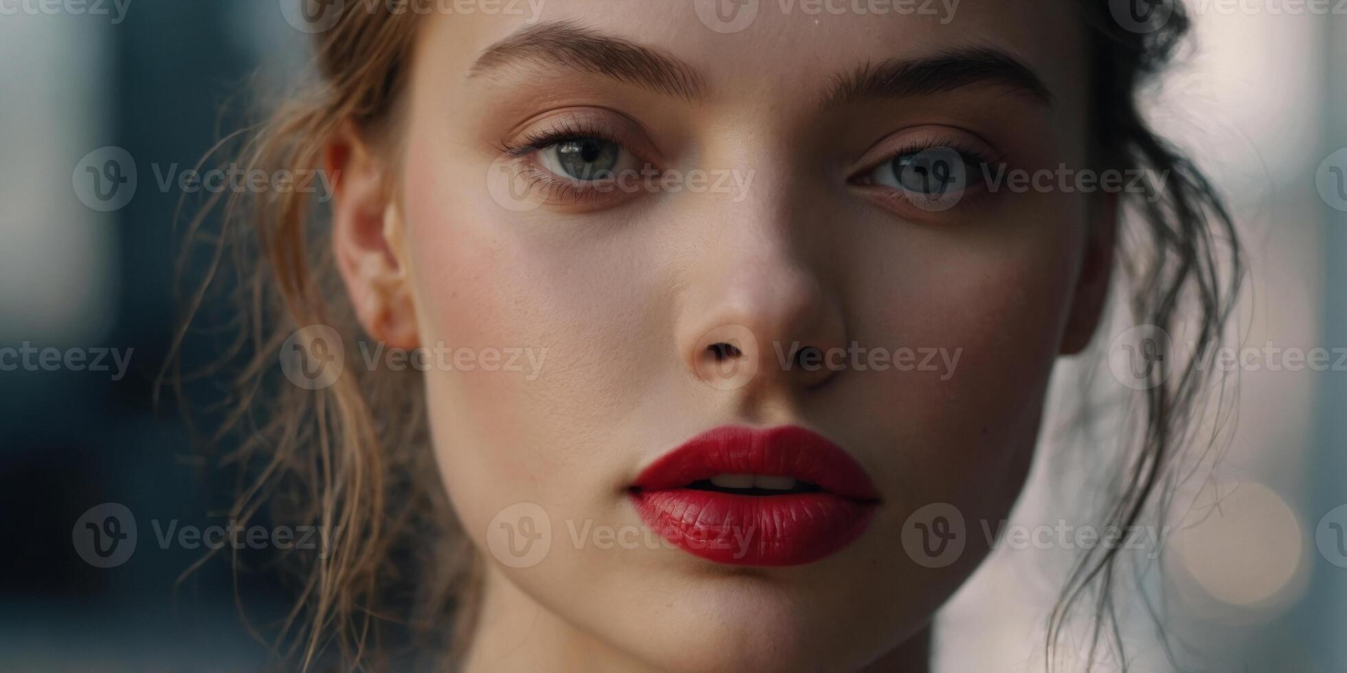 Natural lipstick Close up of the face of young woman with new shiny lipstick on her lips. photo