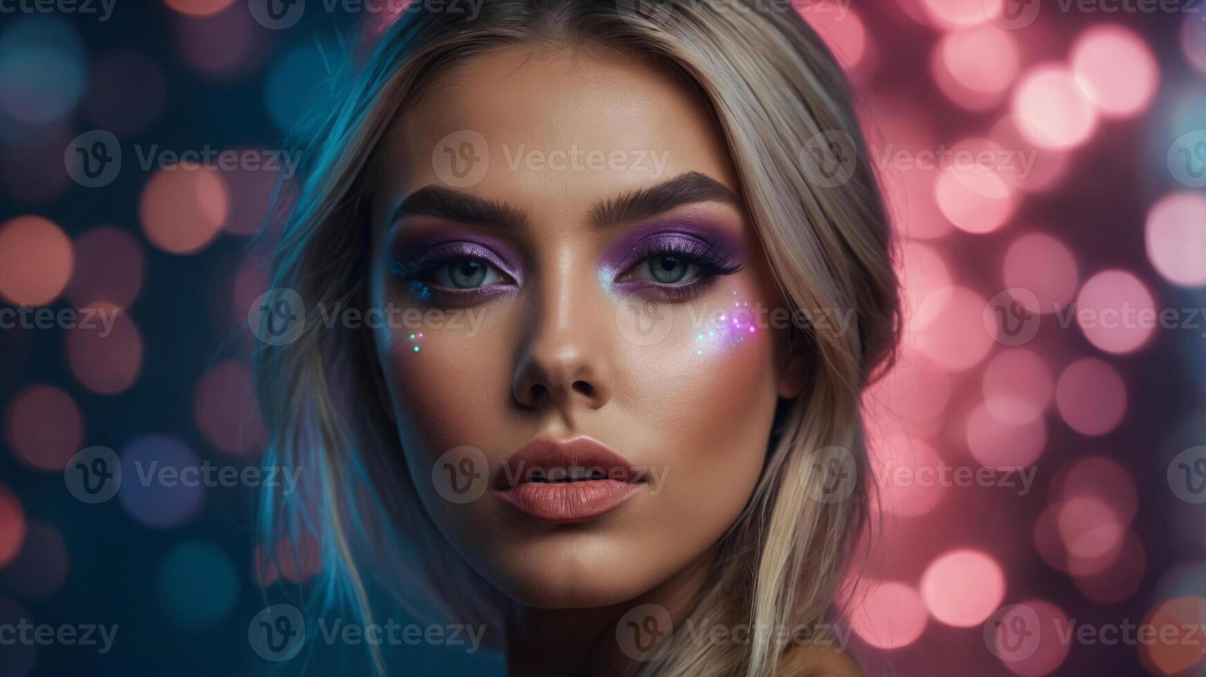 A beauty blogger demonstrating makeup trends using a futurisn'ttic digital background. photo