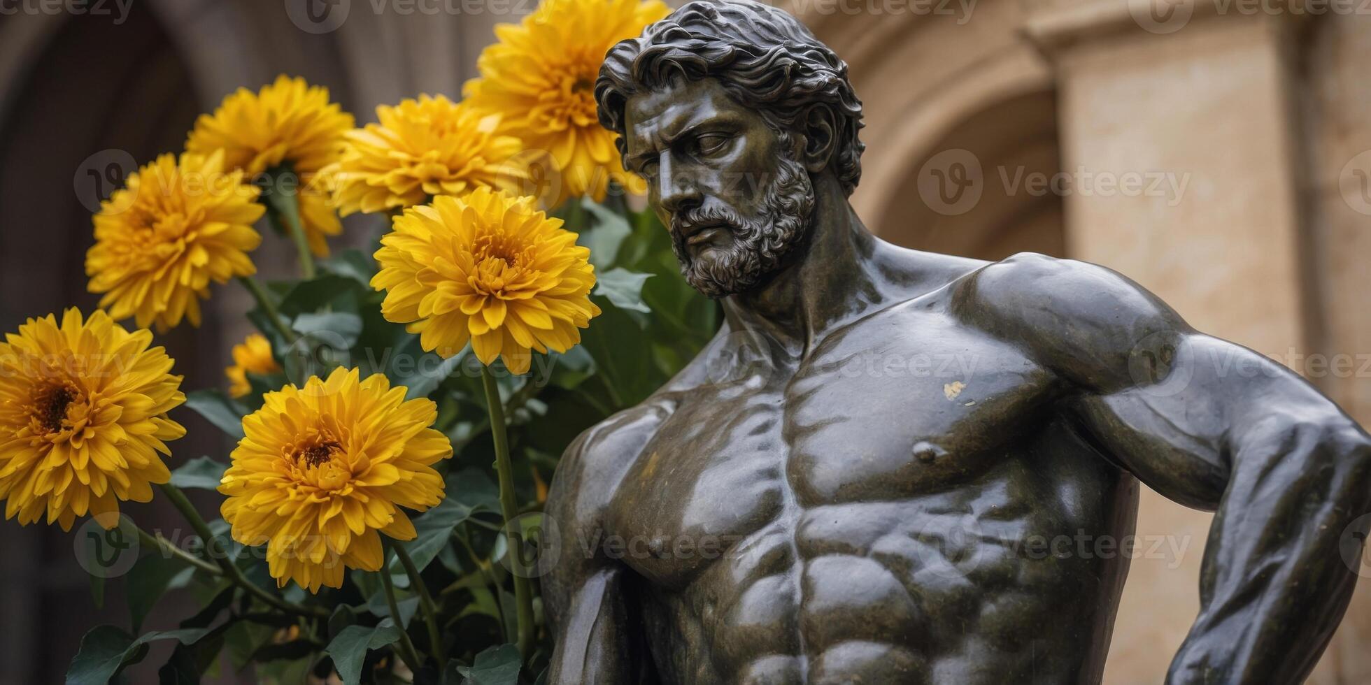 A classic sculpture juxtaposed with vibrant yellow florals, presenting a stunning blend of antiquity and vivacity, ideal for creative and cultural expression. photo