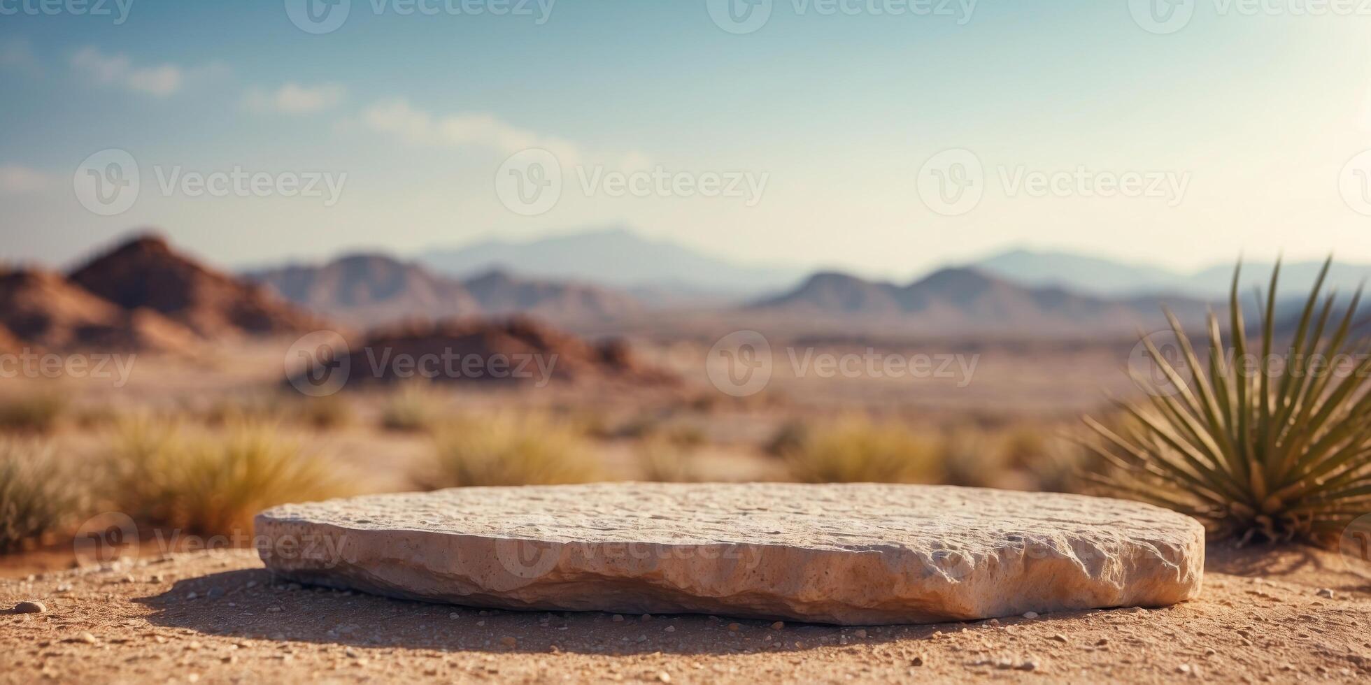 Empty Desert Stone Podium in Arid Landscape. photo
