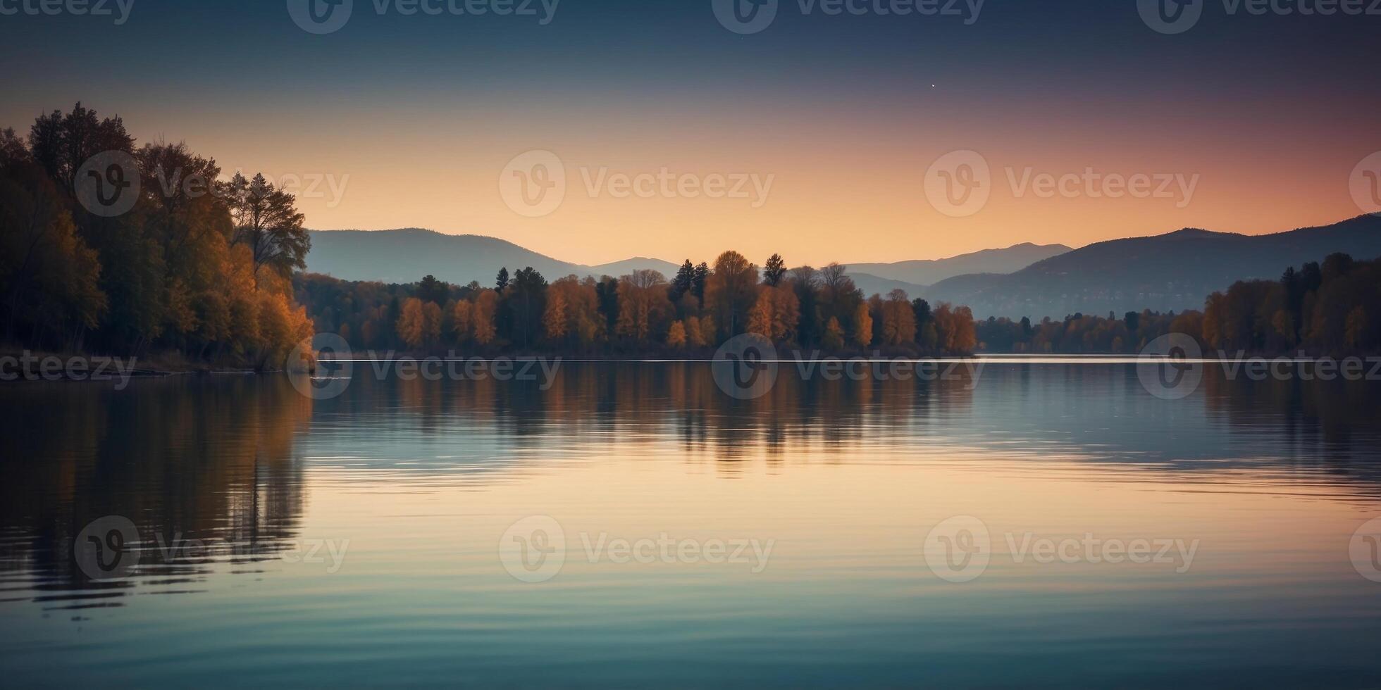 Serene evening lake with still waters reflection. photo