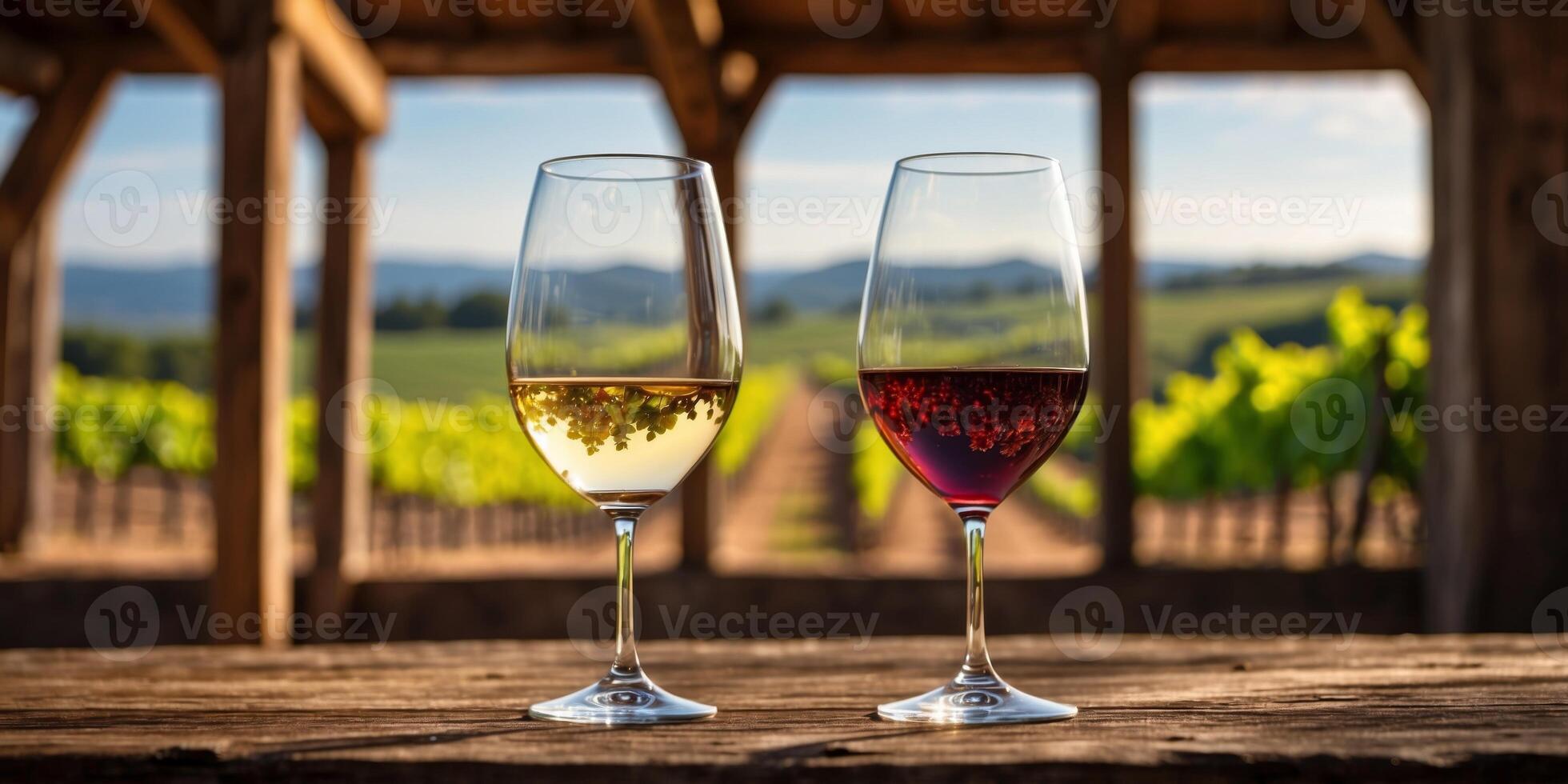 Scenic perspective of vineyard landscape seen from the interior of a rustic barrel room. photo