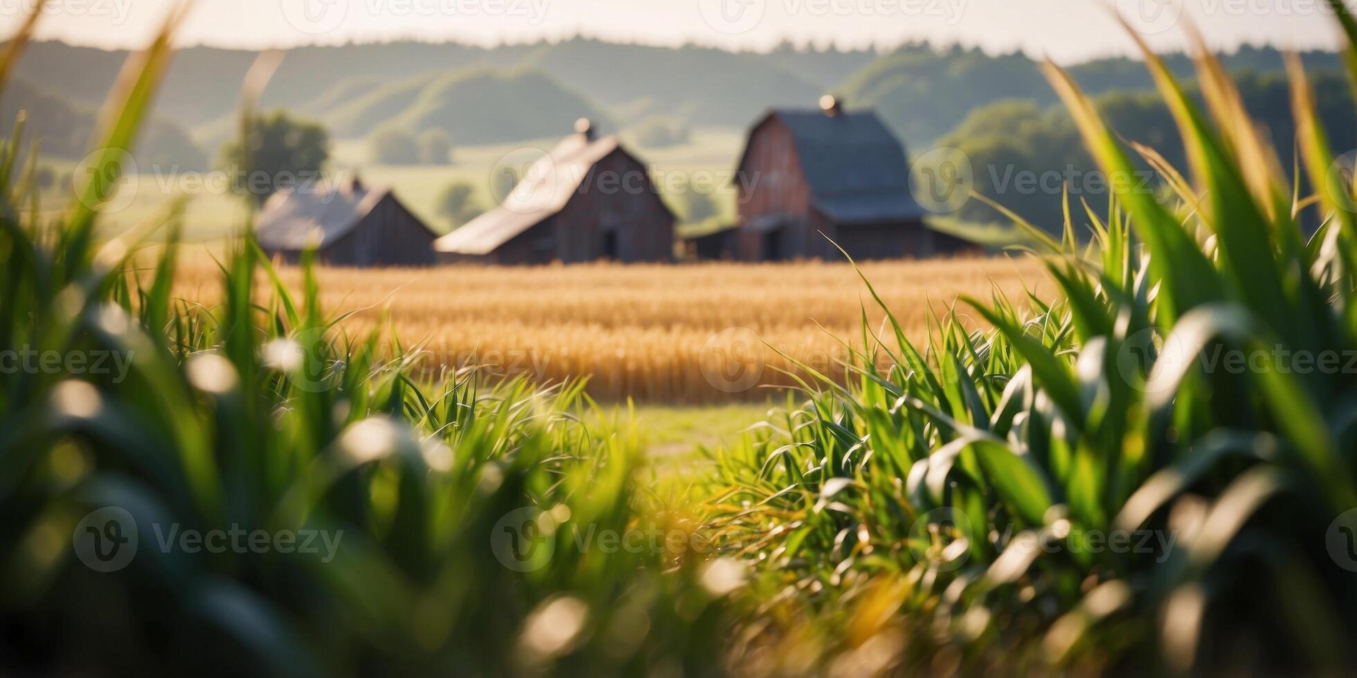 Rustic farm nestled behind a lush cornfield. photo