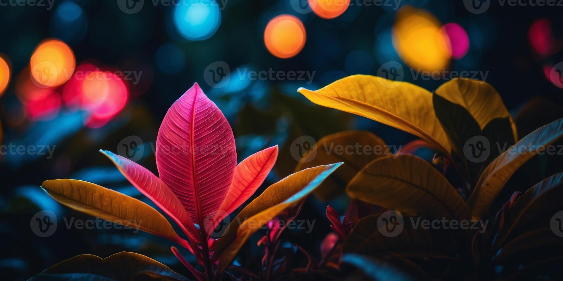 An organism framed in neon surrounded by tropical leaves at midnight. photo