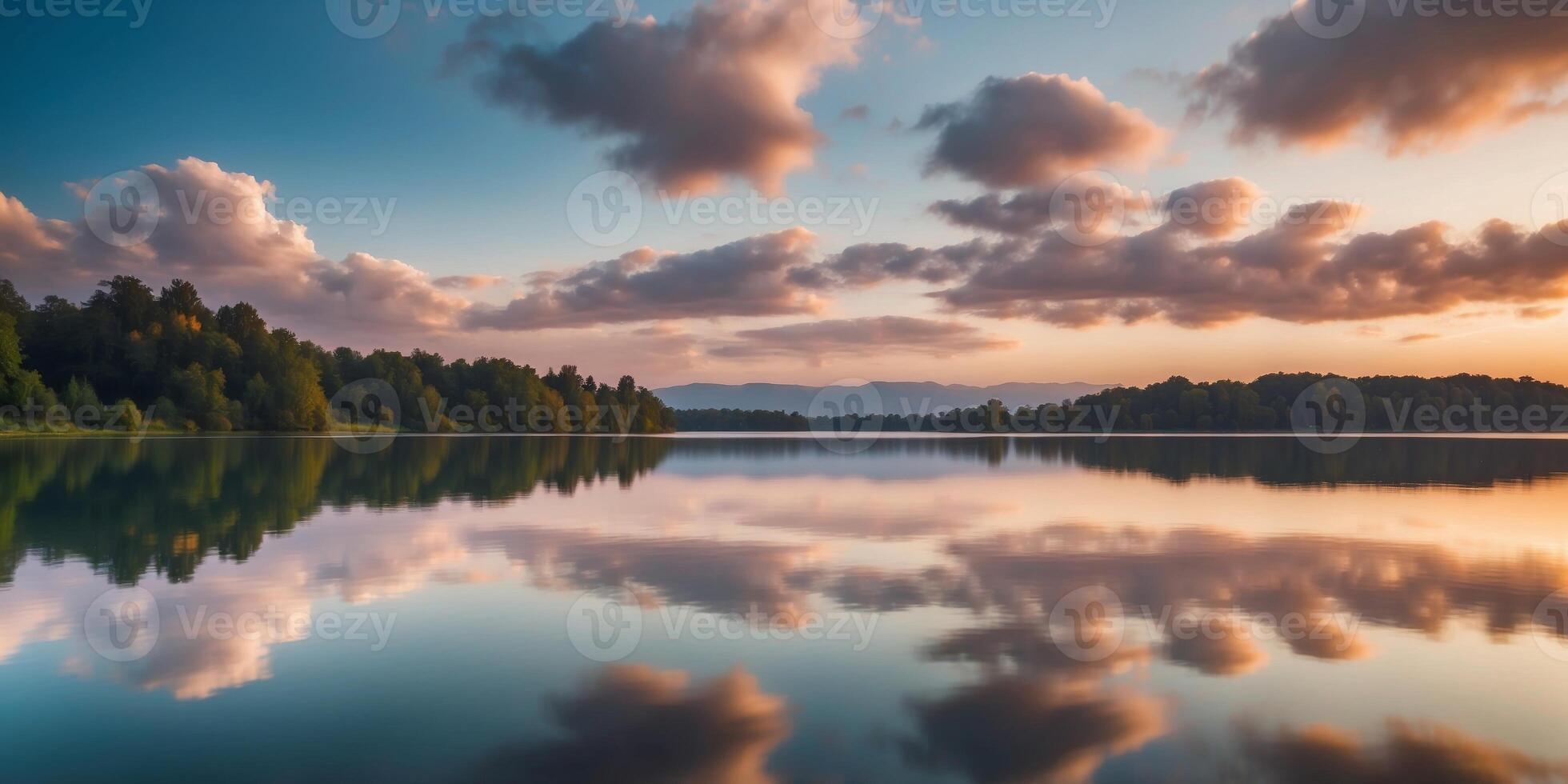 Vivid reflections of clouds in a serene lake with copy space image. photo