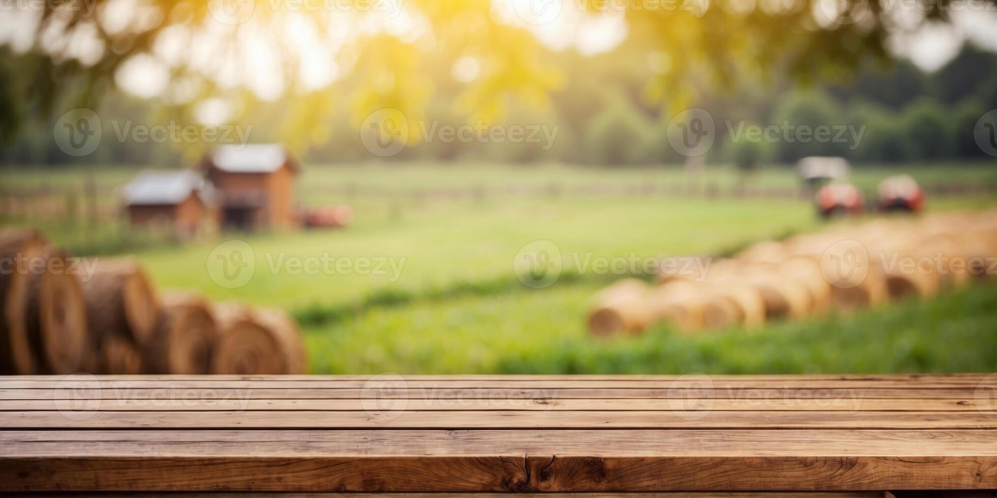 Empty wooden table top with blur background of farm. photo