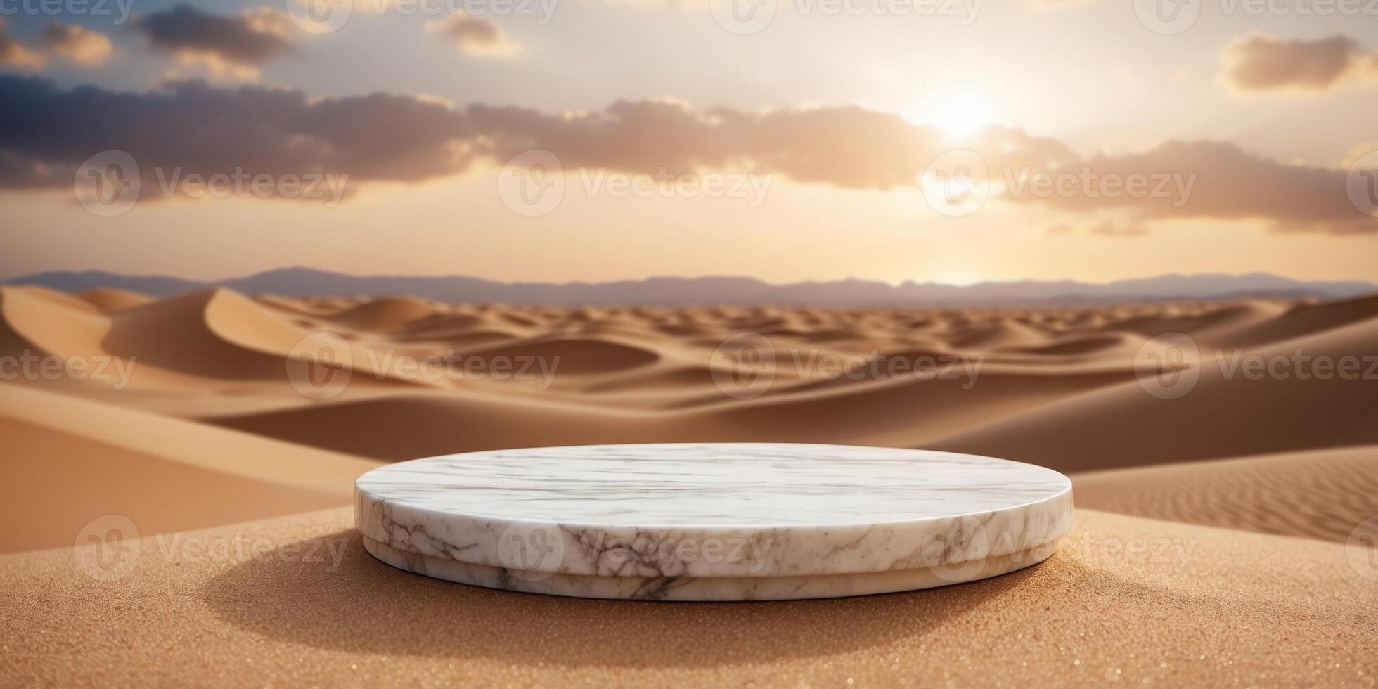 Empty marble podium displaying on desert sand with rolling dunes and cloudy sky background. photo